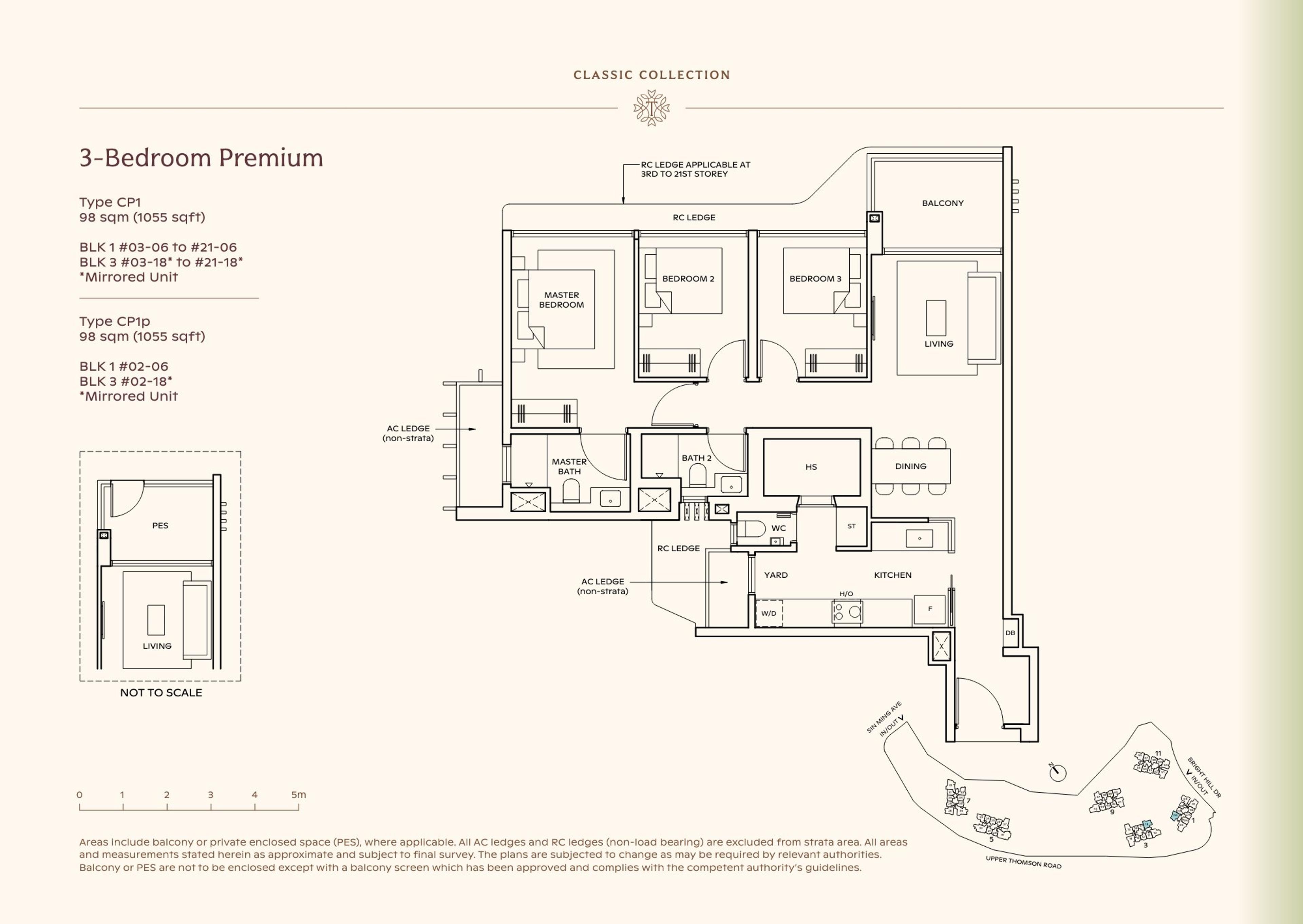 Lucerne Grand 3-Bedroom Premium floor plan, Type CP1 / CP1p (98 sqm / 1,055 sq ft)