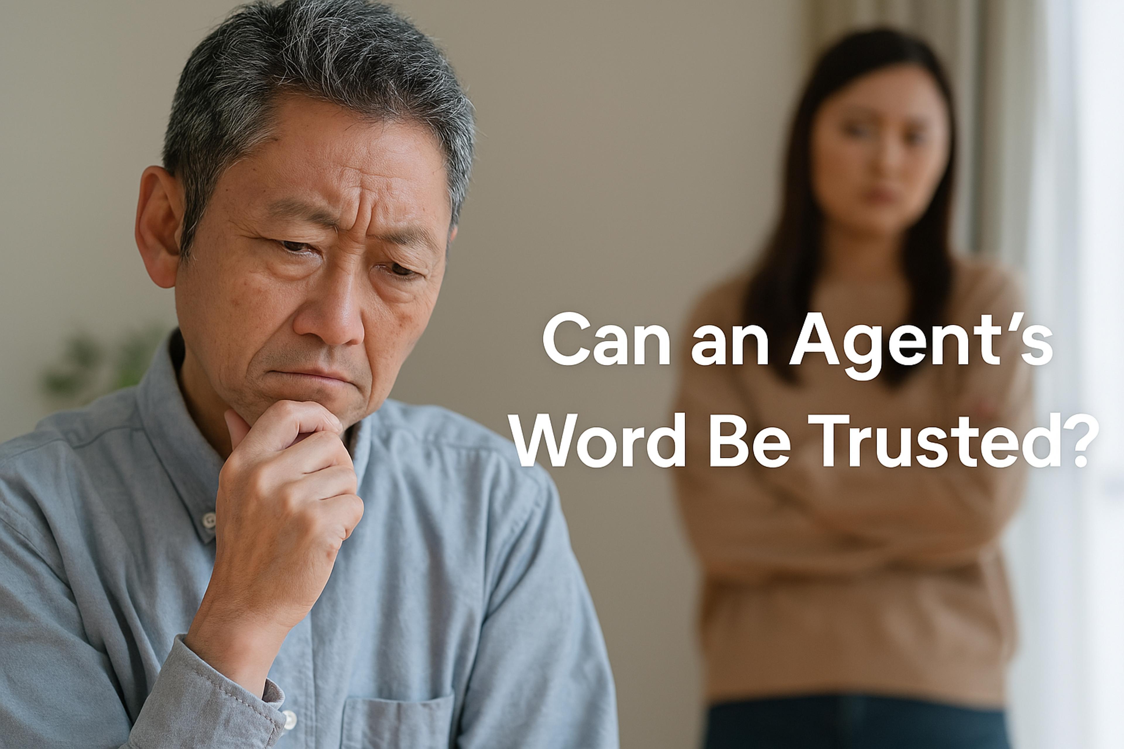 Man looking doubtful, asking whether a property agent's word can be trusted