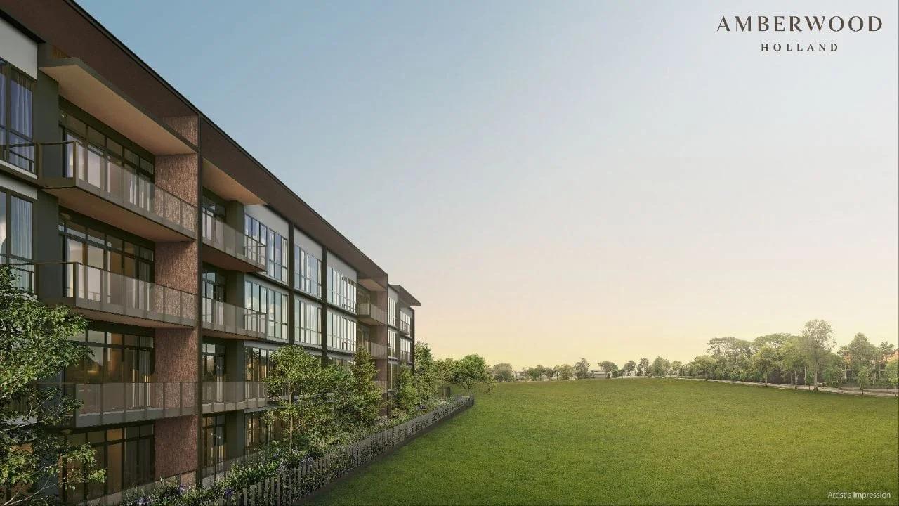 Amberwood at Holland low-rise block facing the open green of Holland Plain, artist's impression