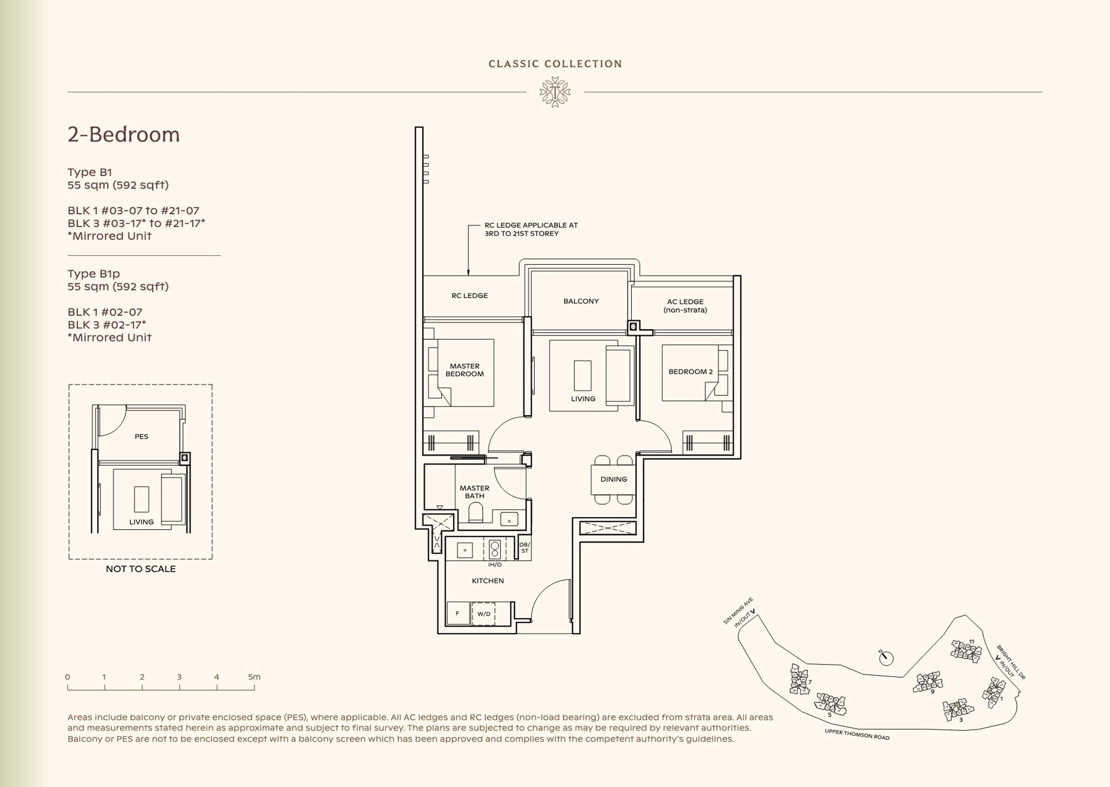 Lucerne Grand 2-Bedroom floor plan, Type B1 / B1p (55 sqm / 592 sq ft)