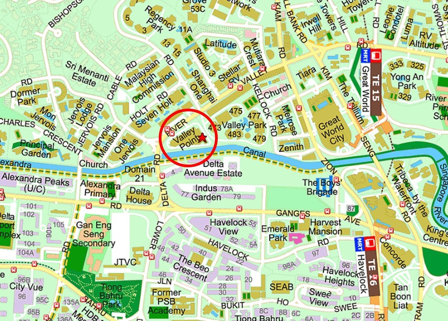 Location map of The River Opus, the Valley Point redevelopment on River Valley Road, beside Alexandra Canal and near Great World MRT (TE15)