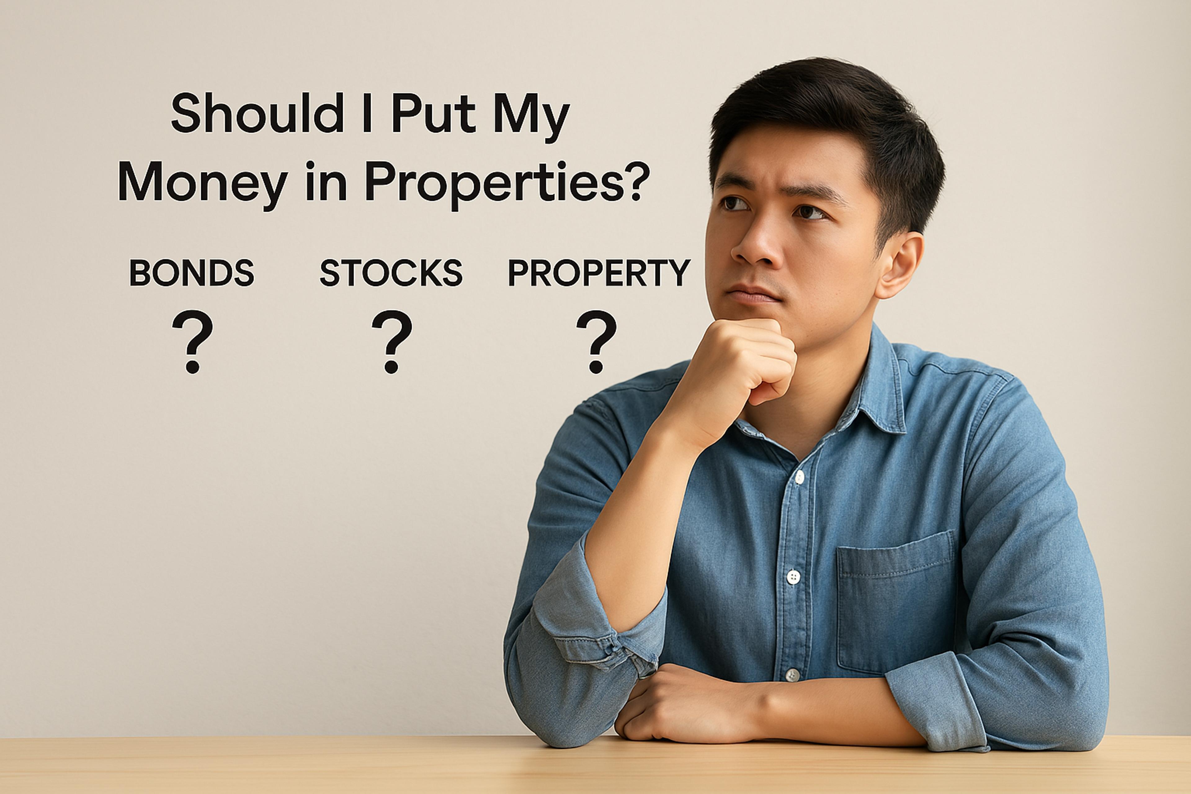 Young man weighing up bonds, stocks and property as places to put his money