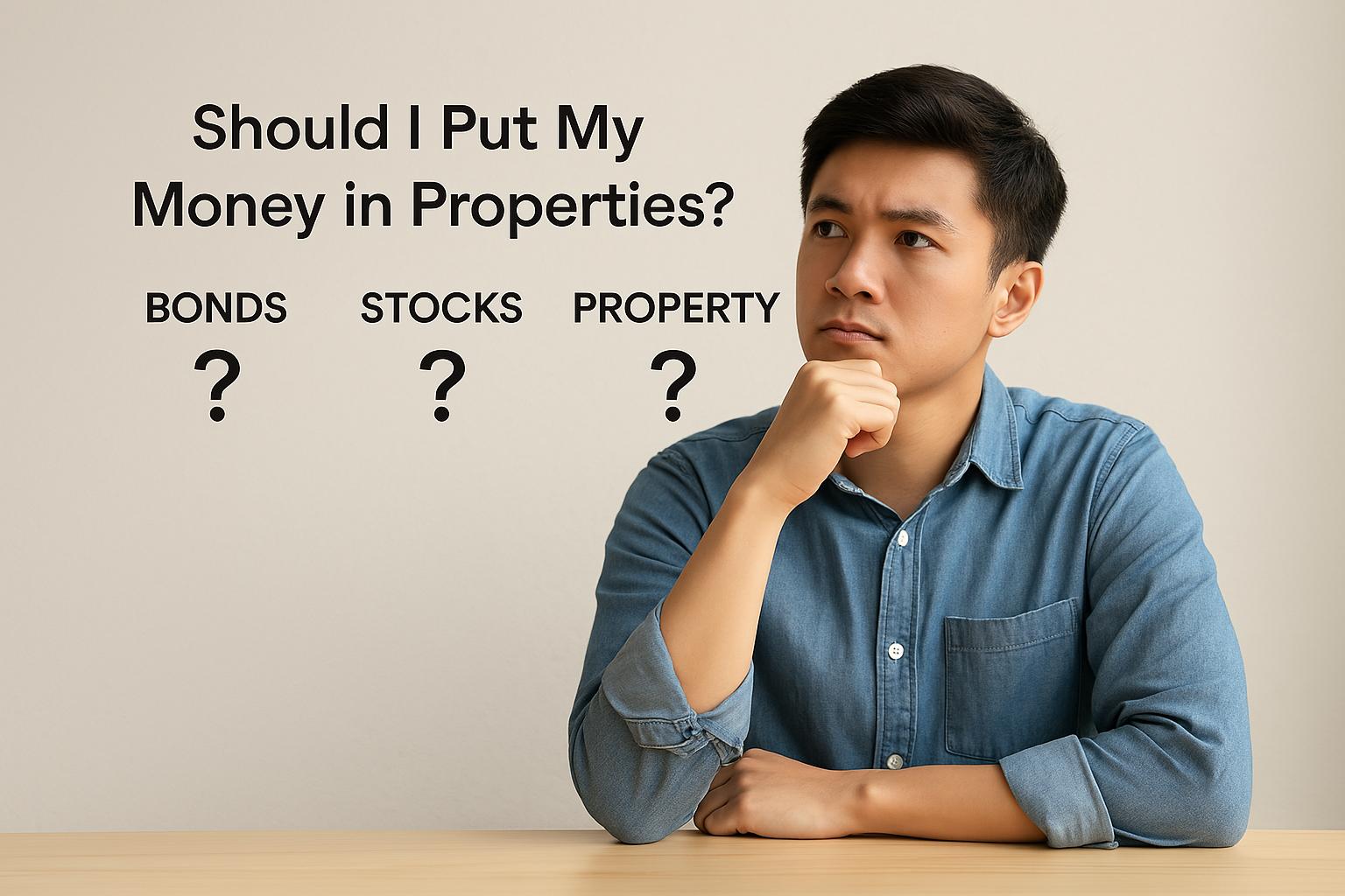 Young man weighing up bonds, stocks and property as places to put his money