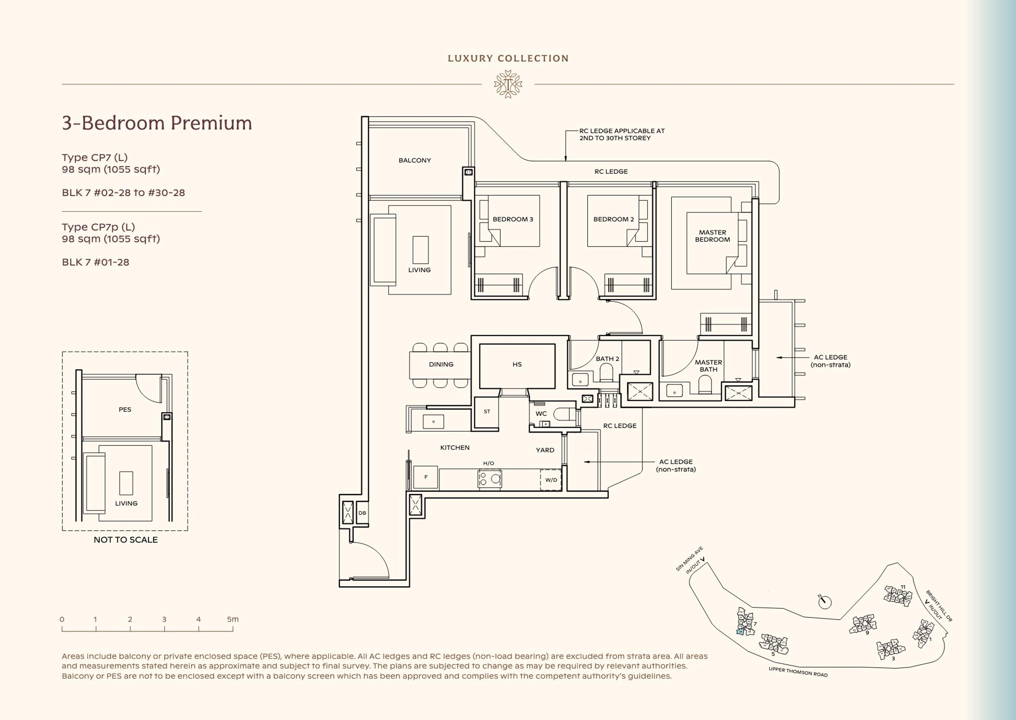 Lucerne Grand 3-Bedroom Premium floor plan, Type CP7 (L) / CP7p (L) (98 sqm / 1,055 sq ft)