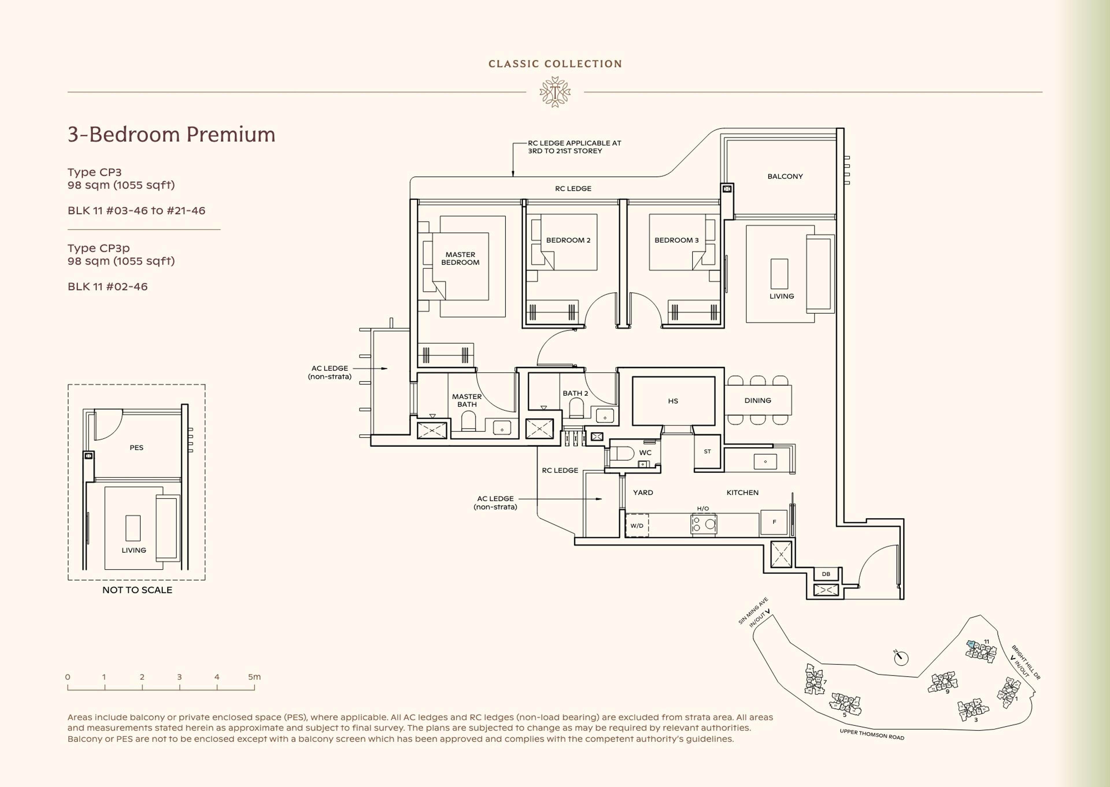 Lucerne Grand 3-Bedroom Premium floor plan, Type CP3 / CP3p (98 sqm / 1,055 sq ft)