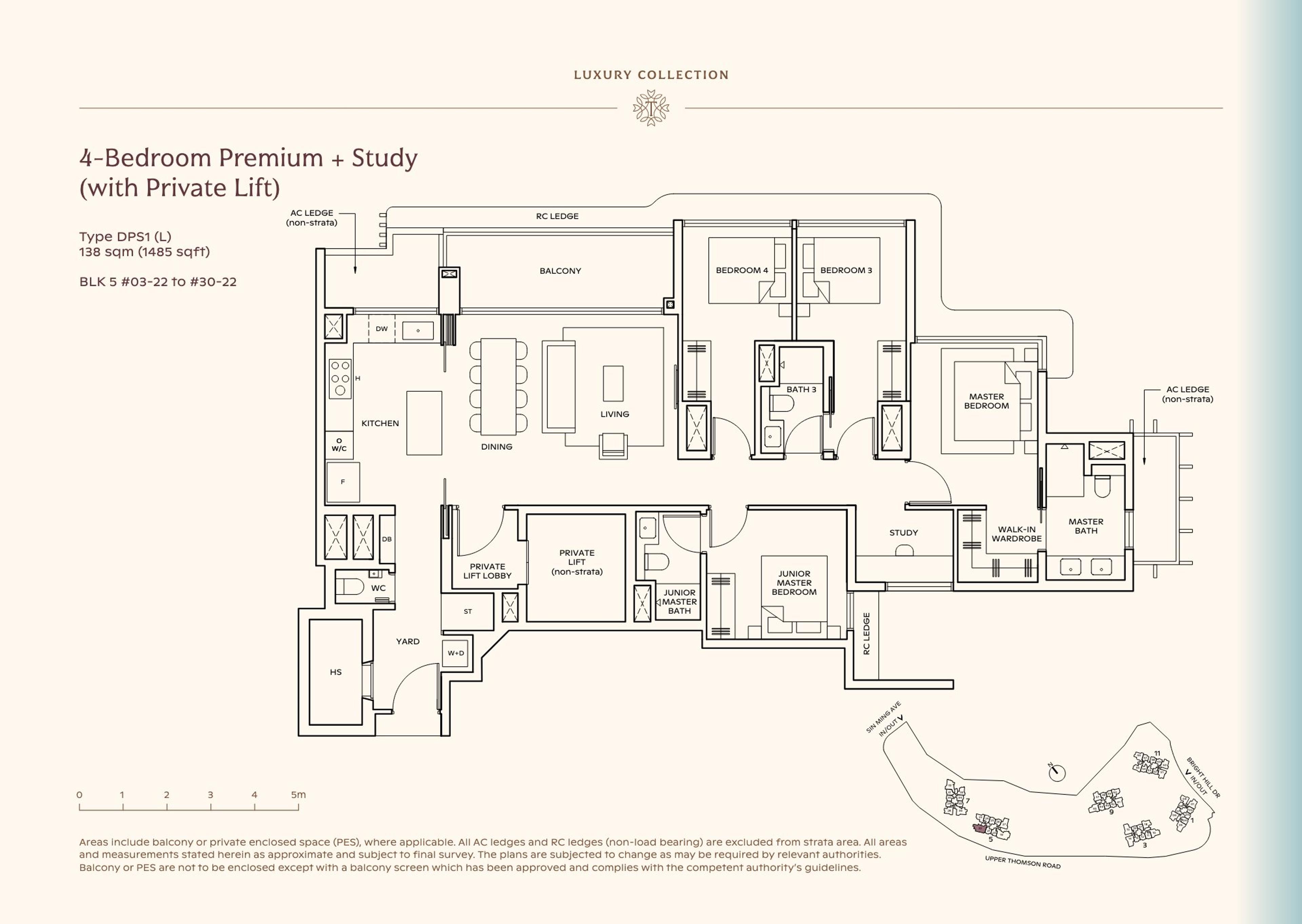 Lucerne Grand 4-Bedroom Premium + Study floor plan, Type DPS1 (L) (138 sqm / 1,485 sq ft), with private lift