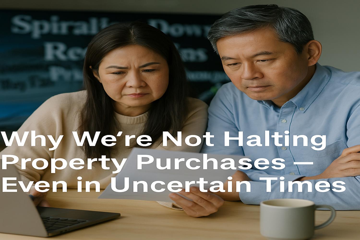 Worried Asian couple reviewing their finances: why we're not halting property purchases in uncertain times