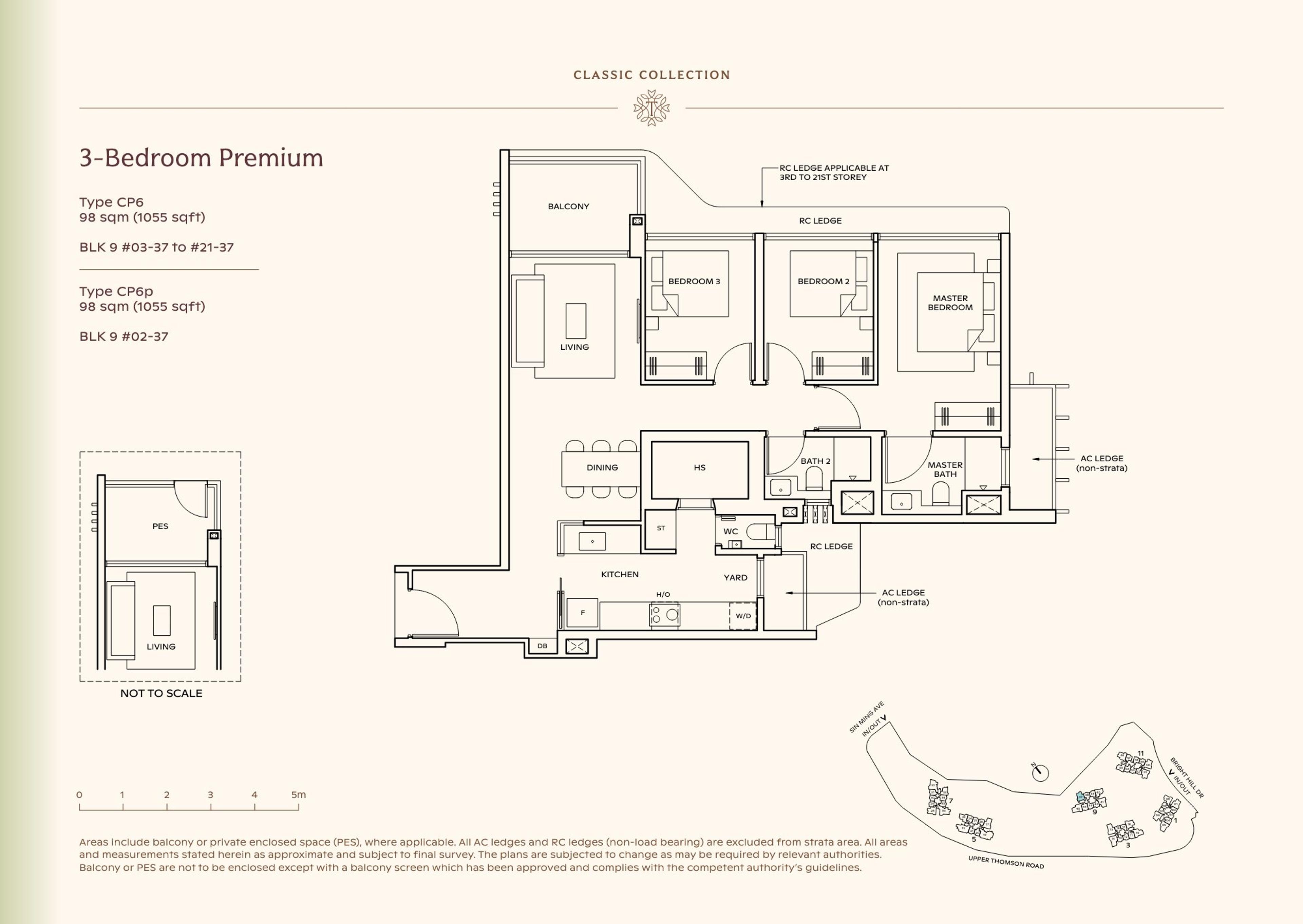 Lucerne Grand 3-Bedroom Premium floor plan, Type CP6 / CP6p (98 sqm / 1,055 sq ft)