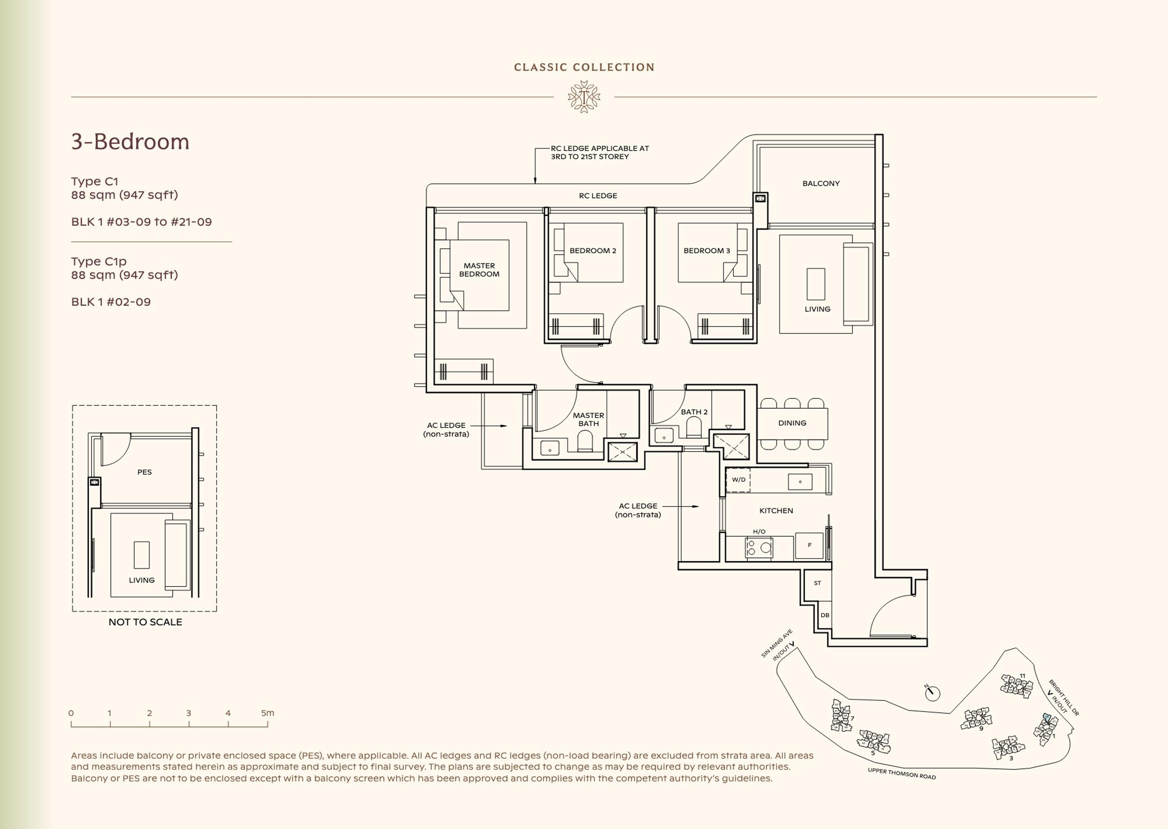Lucerne Grand 3-Bedroom floor plan, Type C1 / C1p (88 sqm / 947 sq ft)