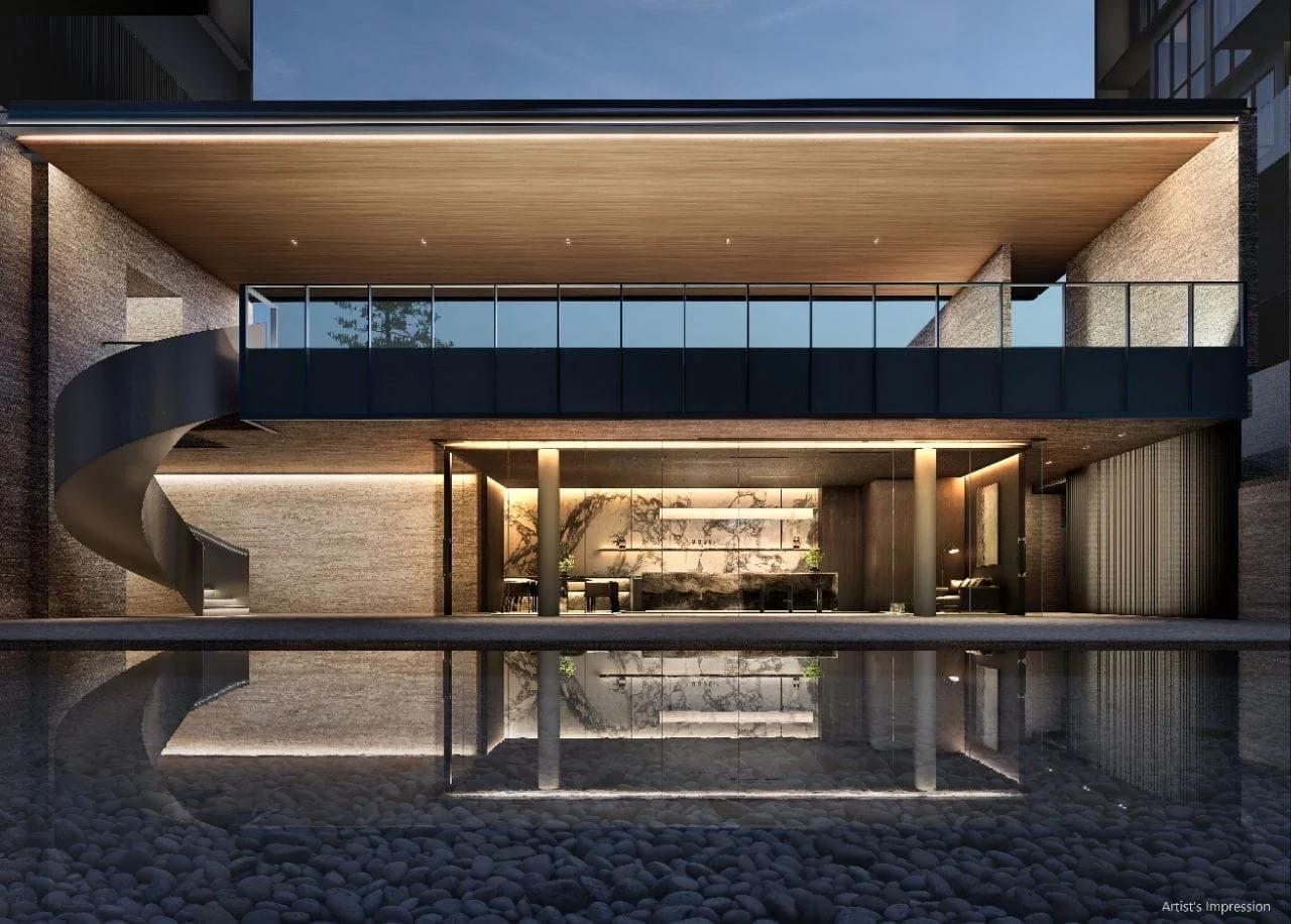 Amberwood at Holland clubhouse above a reflecting pool at dusk, artist's impression
