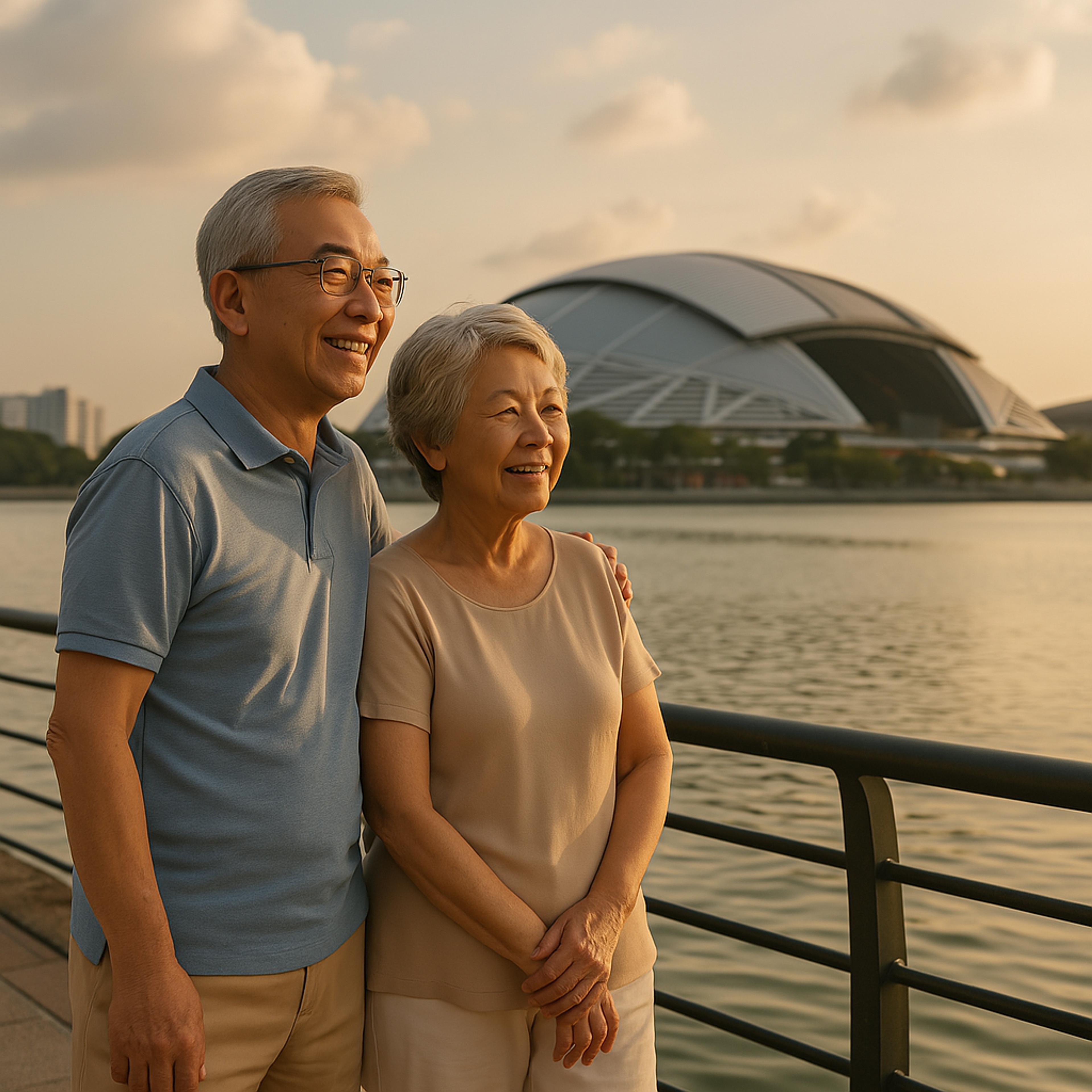 Retired Asian couple by the water near the Singapore Sports Hub, close to Arina East Residences