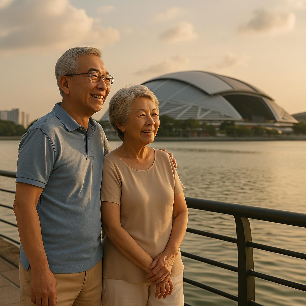 Retired Asian couple by the water near the Singapore Sports Hub, close to Arina East Residences
