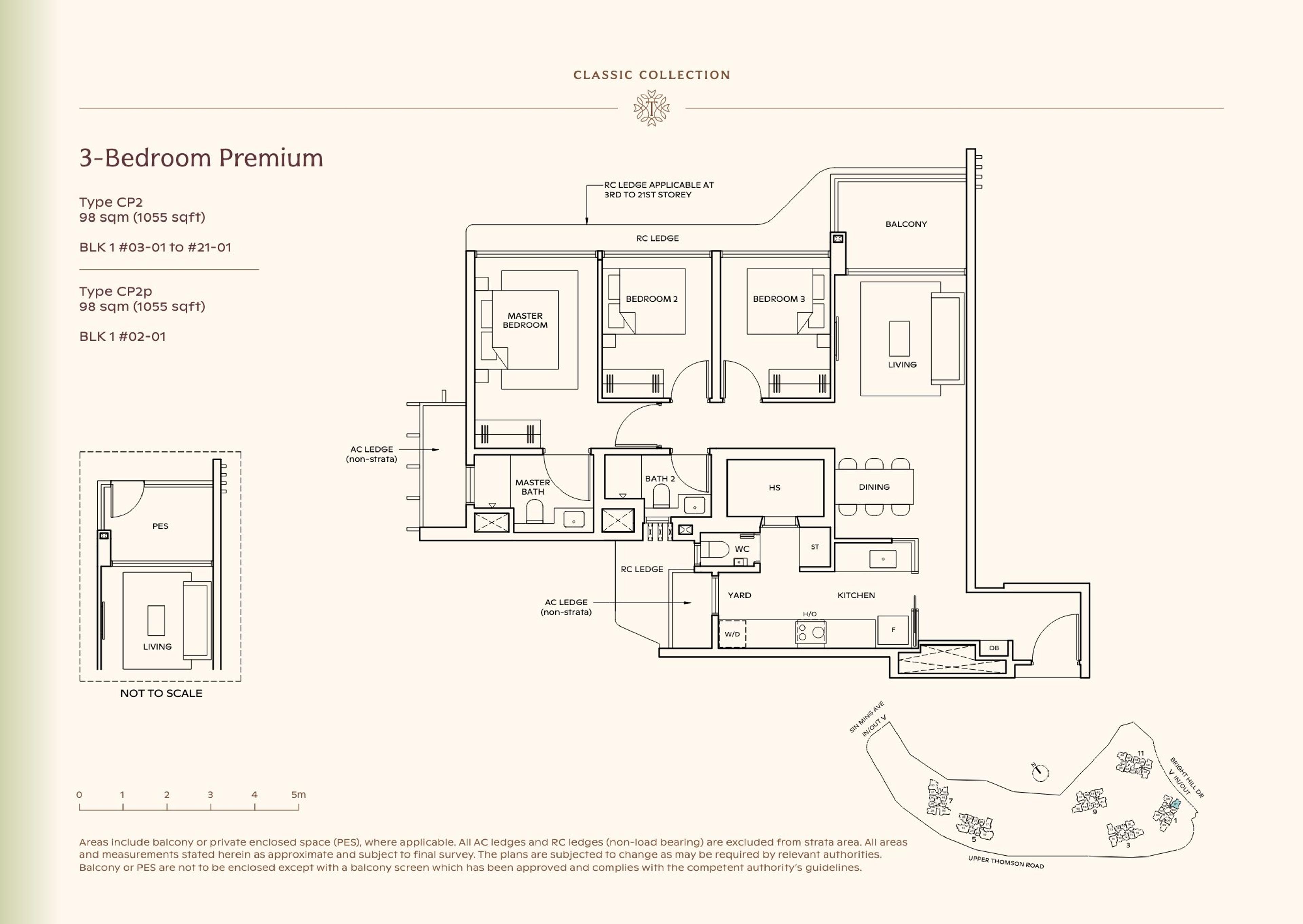 Lucerne Grand 3-Bedroom Premium floor plan, Type CP2 / CP2p (98 sqm / 1,055 sq ft)