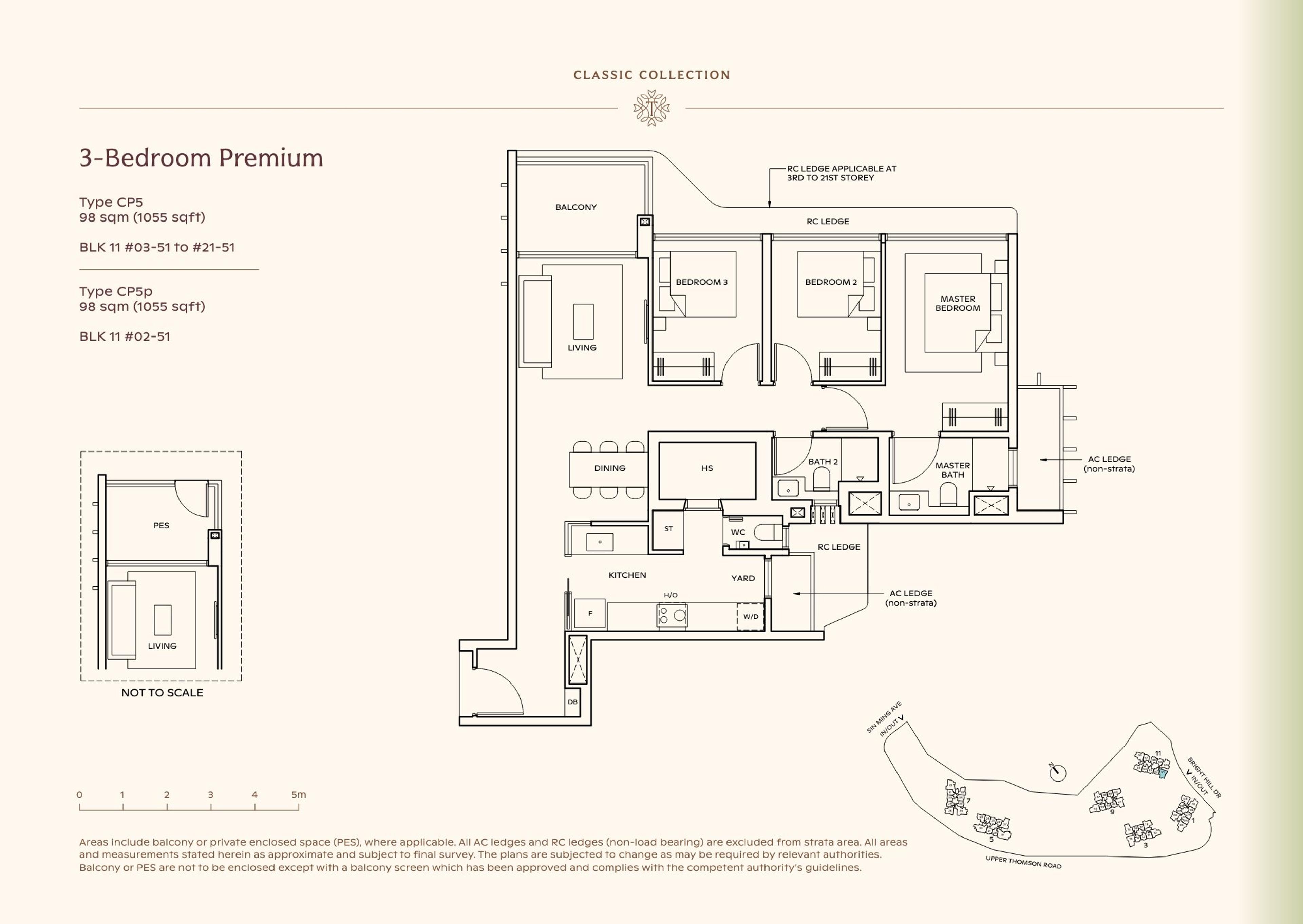 Lucerne Grand 3-Bedroom Premium floor plan, Type CP5 / CP5p (98 sqm / 1,055 sq ft)