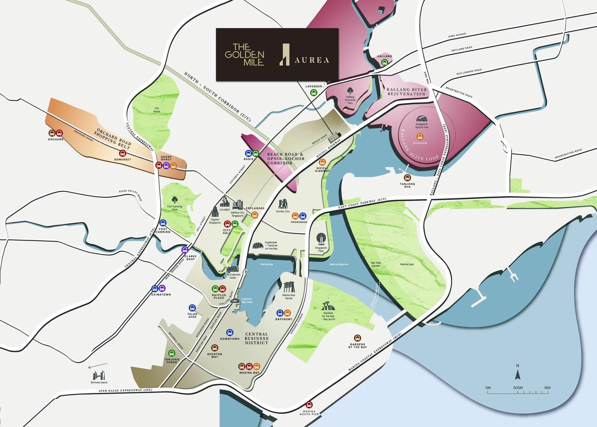 Aurea location map from the developer's brochure, showing Beach Road and The Golden Mile in Singapore's Downtown Core