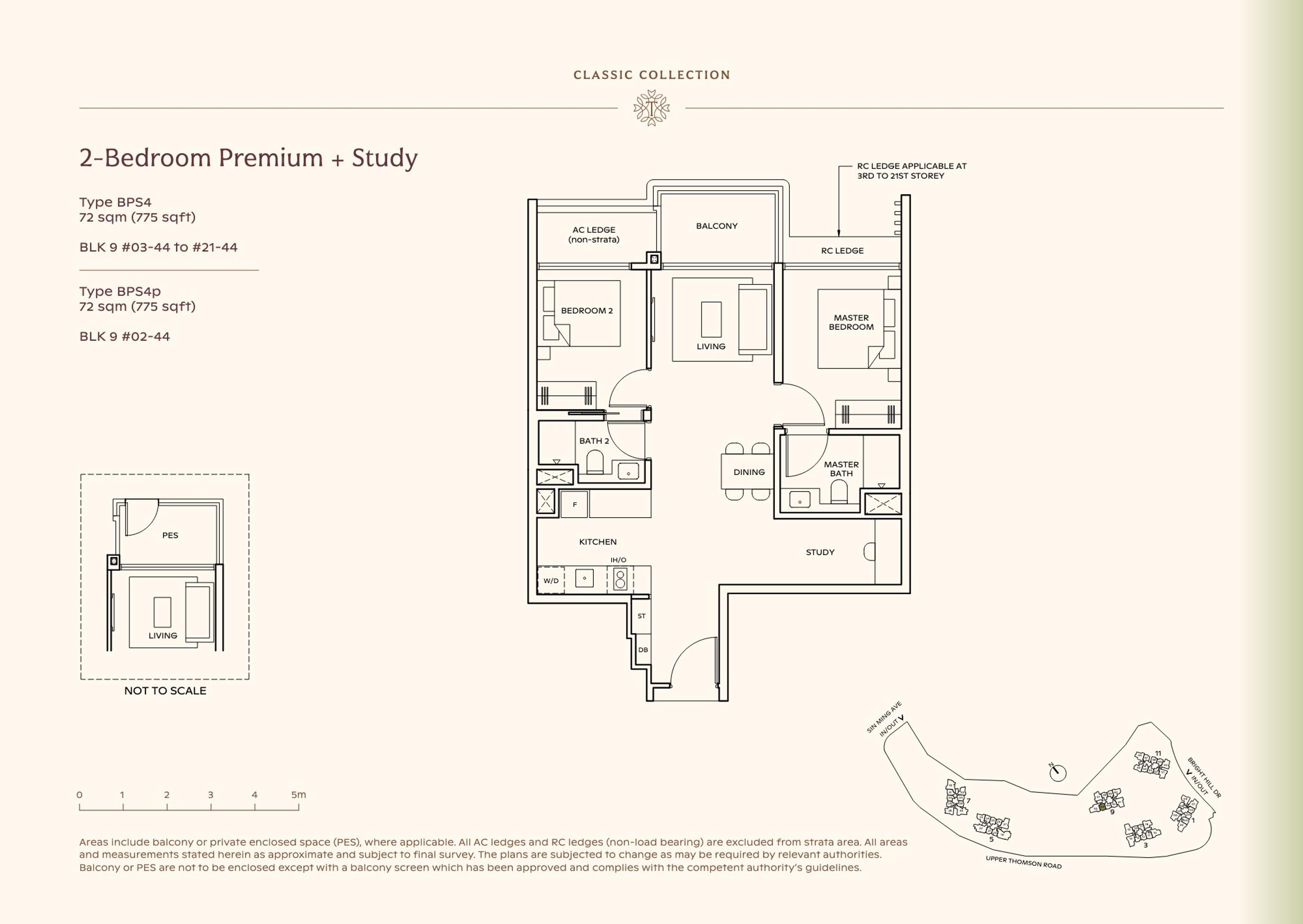 Lucerne Grand 2-Bedroom Premium + Study floor plan, Type BPS4 / BPS4p (72 sqm / 775 sq ft)