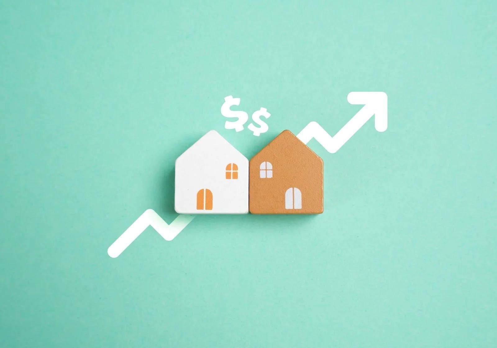 Two model houses with a rising arrow and dollar signs: property price growth