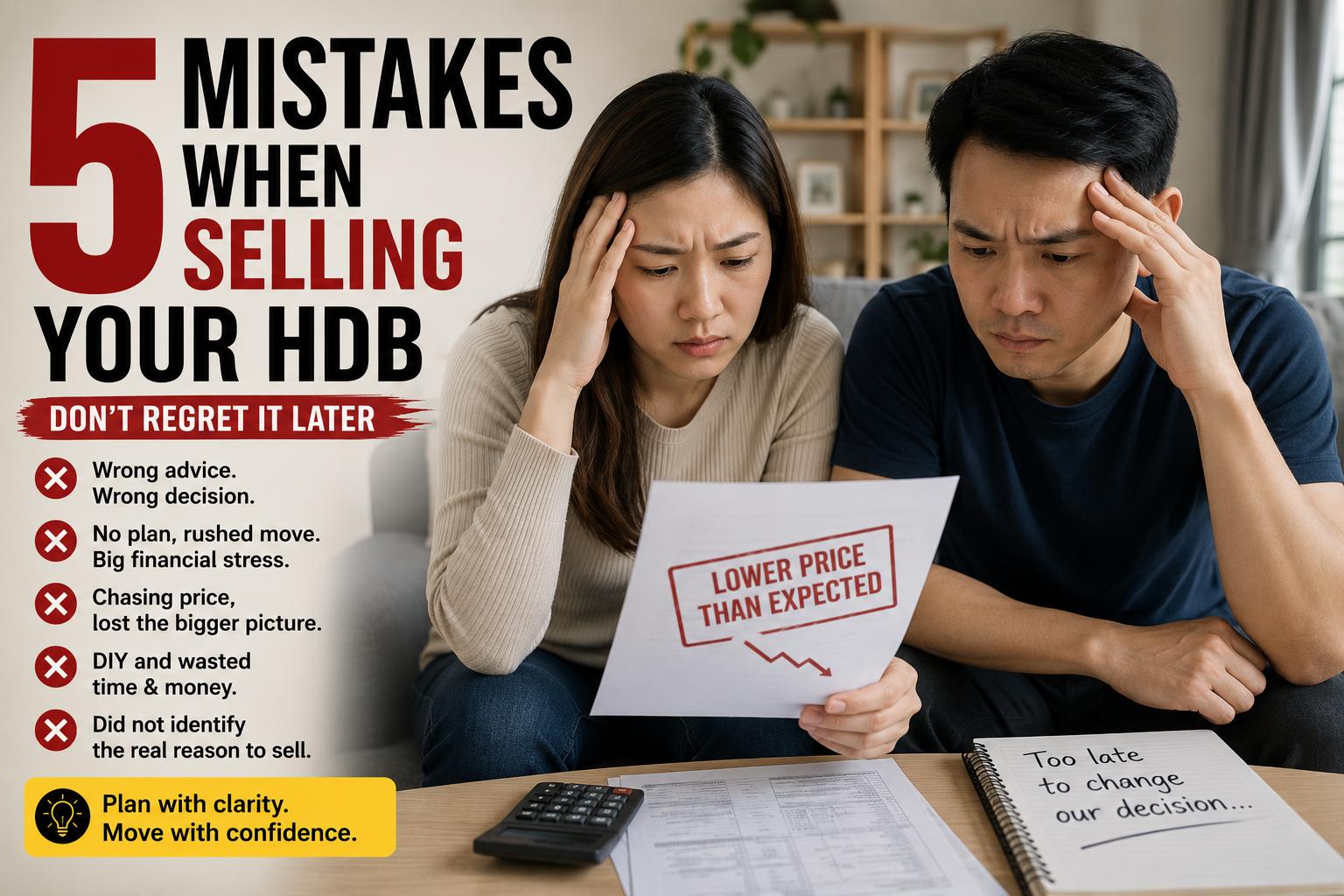 5 mistakes when selling your HDB: a worried couple reading a lower-than-expected offer