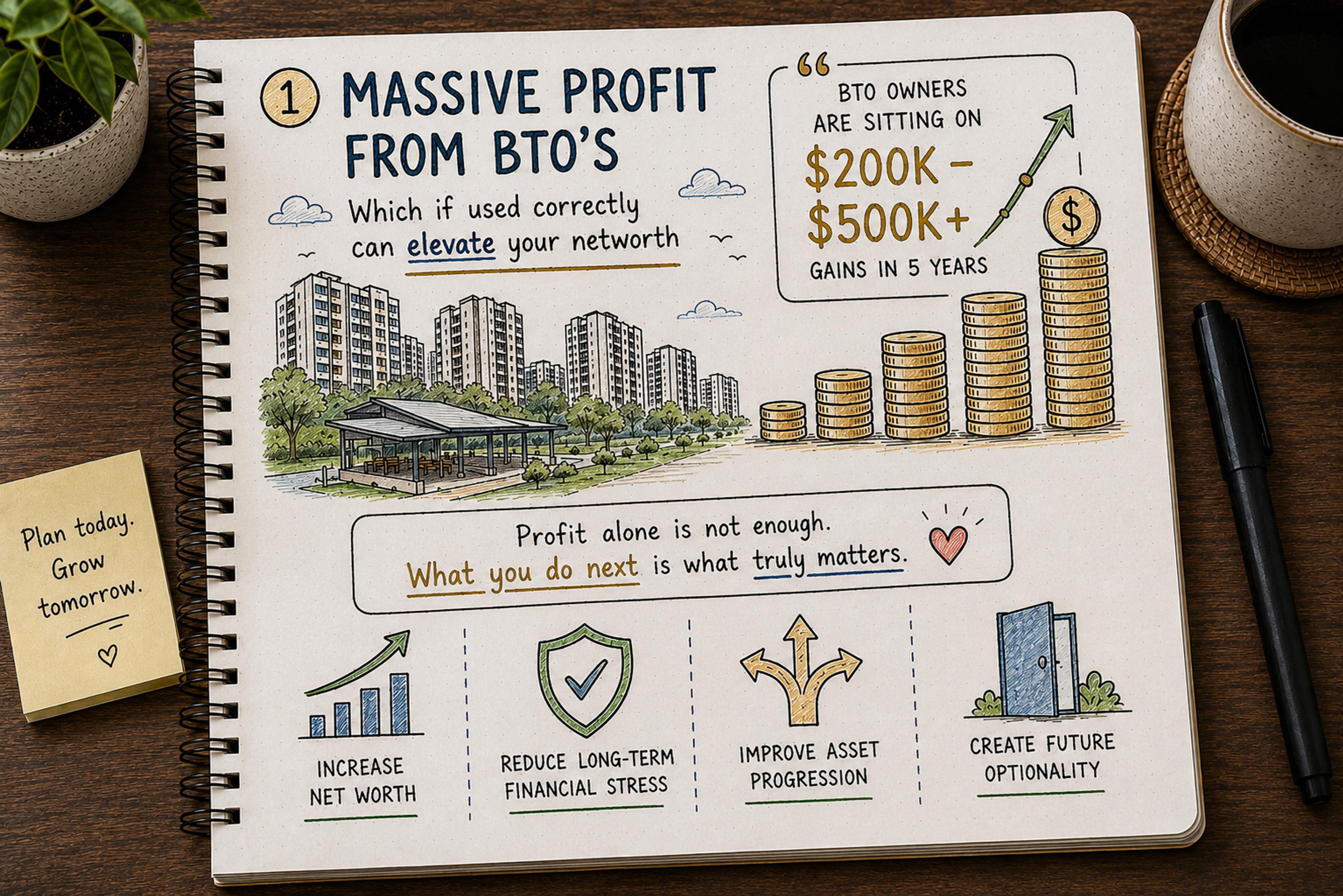 Notebook sketch: HDB owners after MOP sitting on $200k to $500k+ in gains, and how to use them