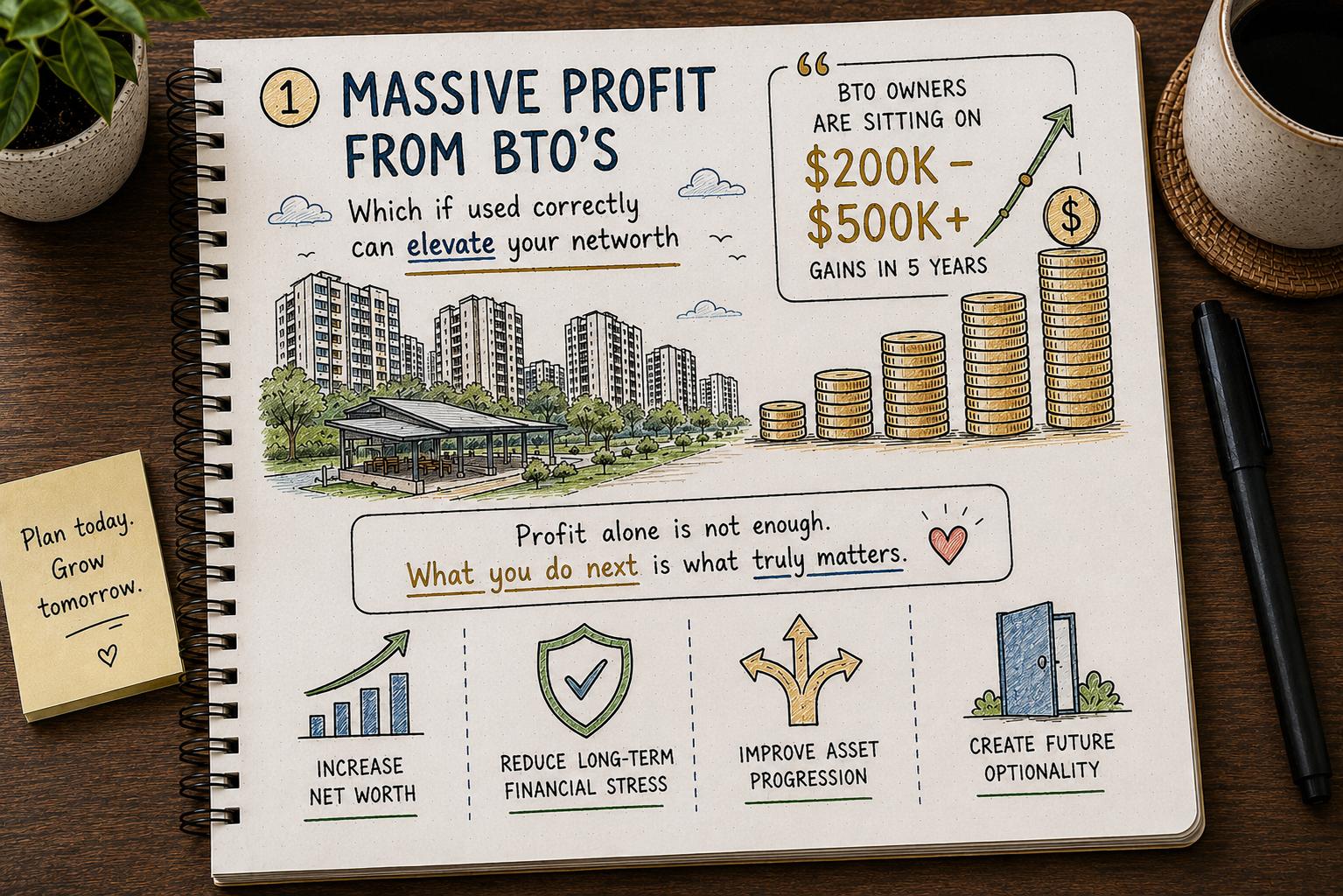 Notebook sketch: HDB owners after MOP sitting on $200k to $500k+ in gains, and how to use them