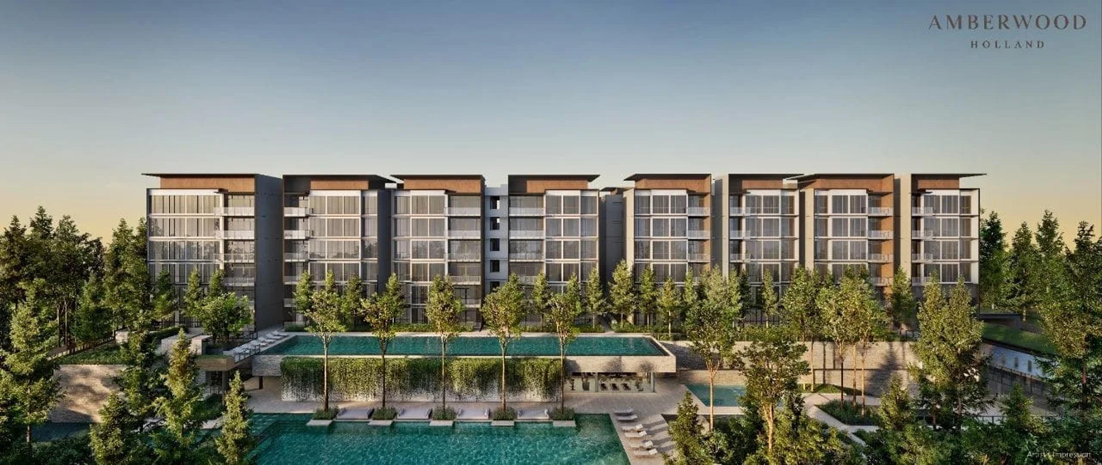 Amberwood at Holland low-rise blocks and pool beside Holland Plain, artist's impression