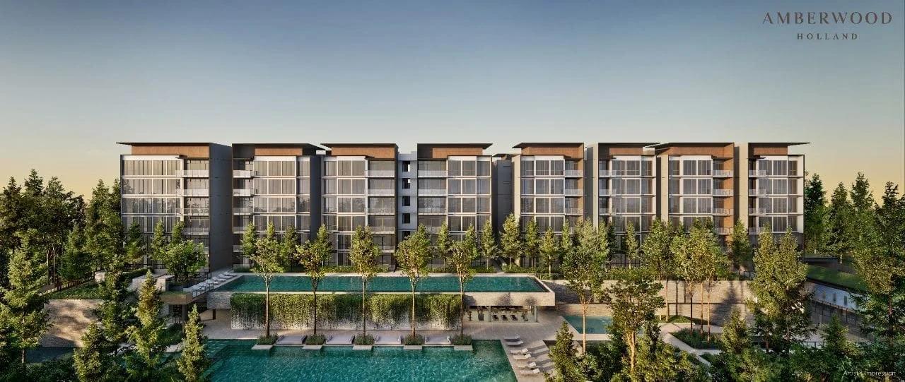 Amberwood at Holland low-rise blocks and pool beside Holland Plain, artist's impression