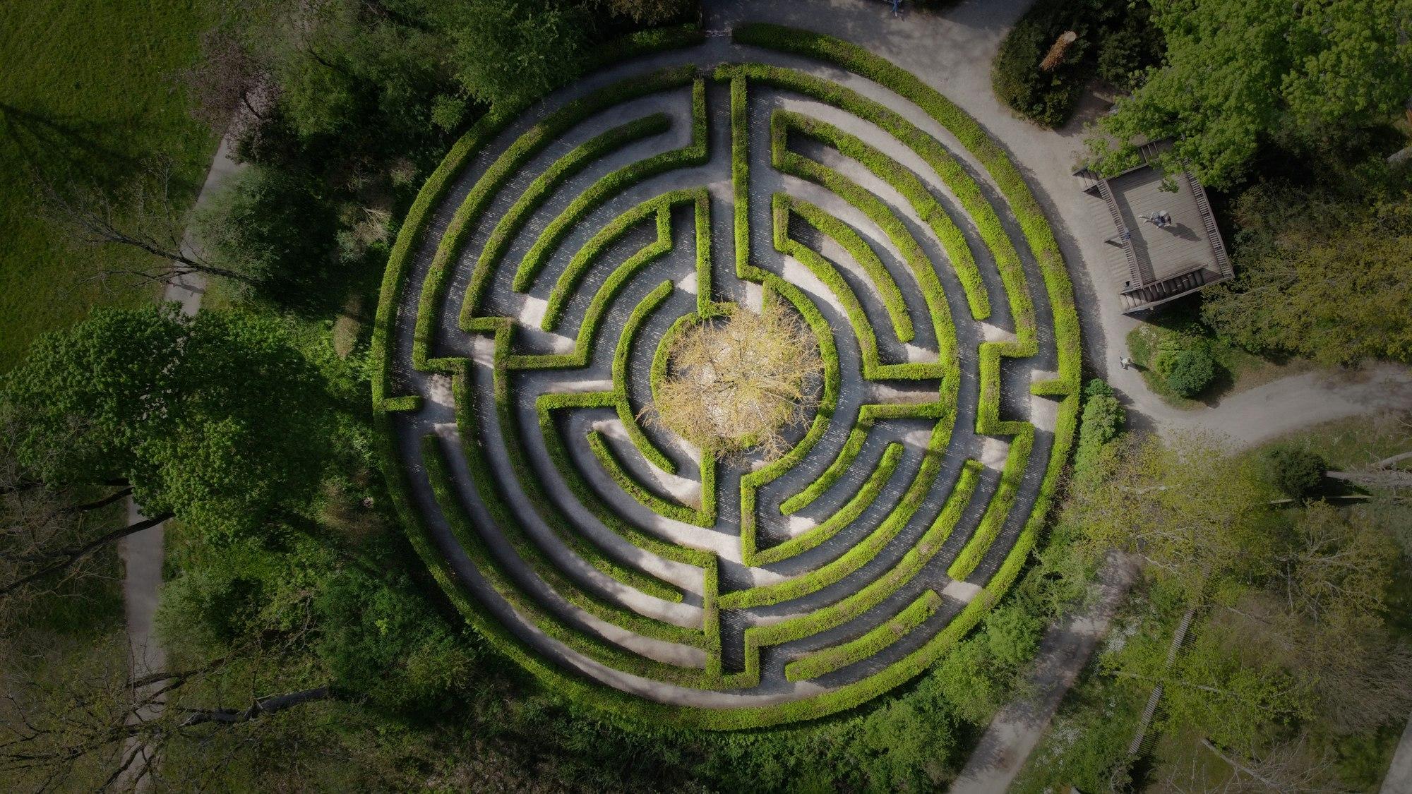 Aerial view of a circular hedge maze