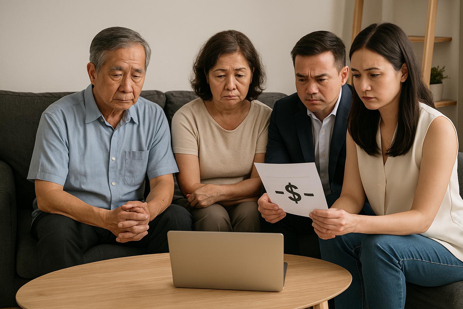 Older parents and their children reviewing the costs of staying in a fully paid HDB flat