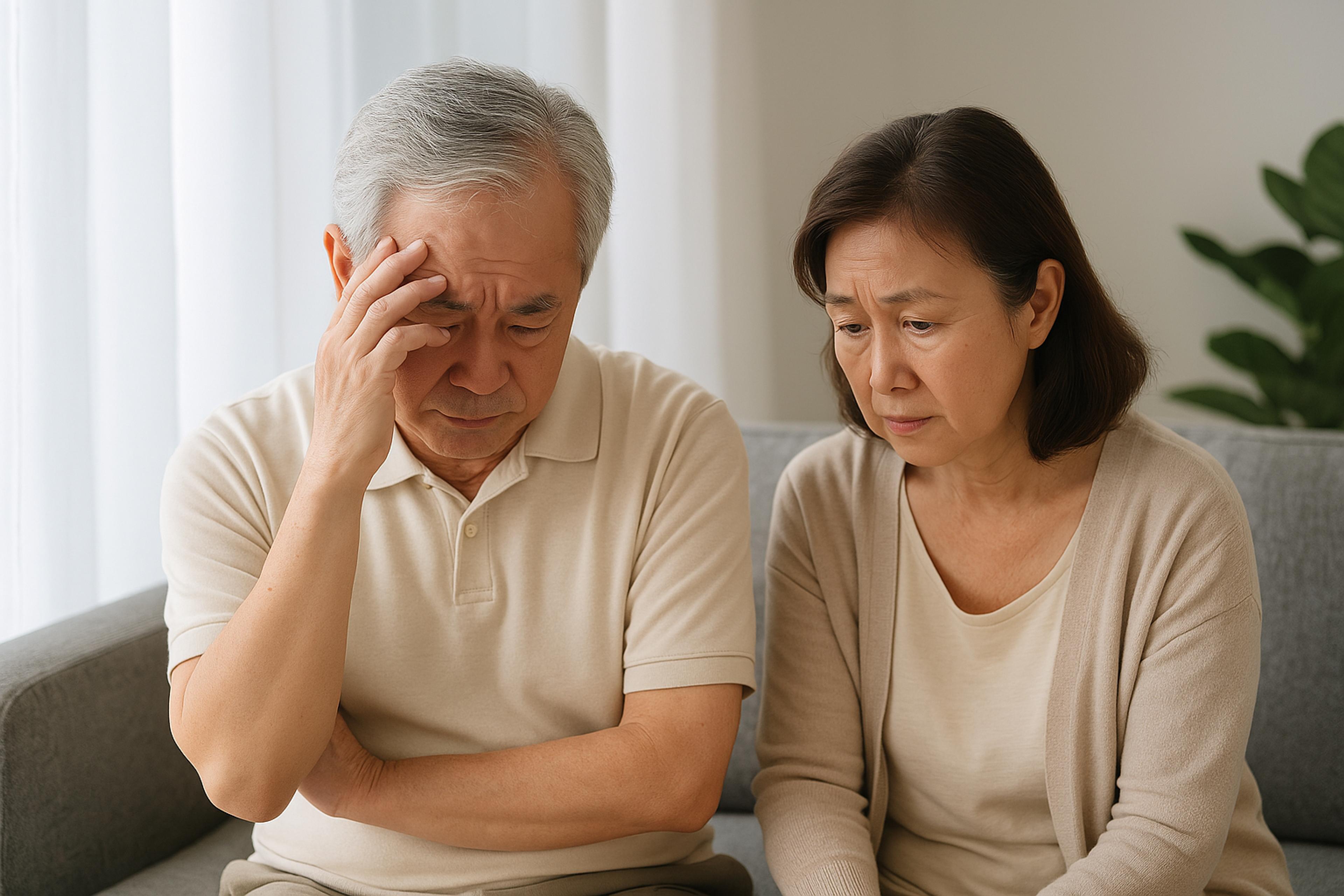 Worried older couple weighing their retirement against helping their child buy property