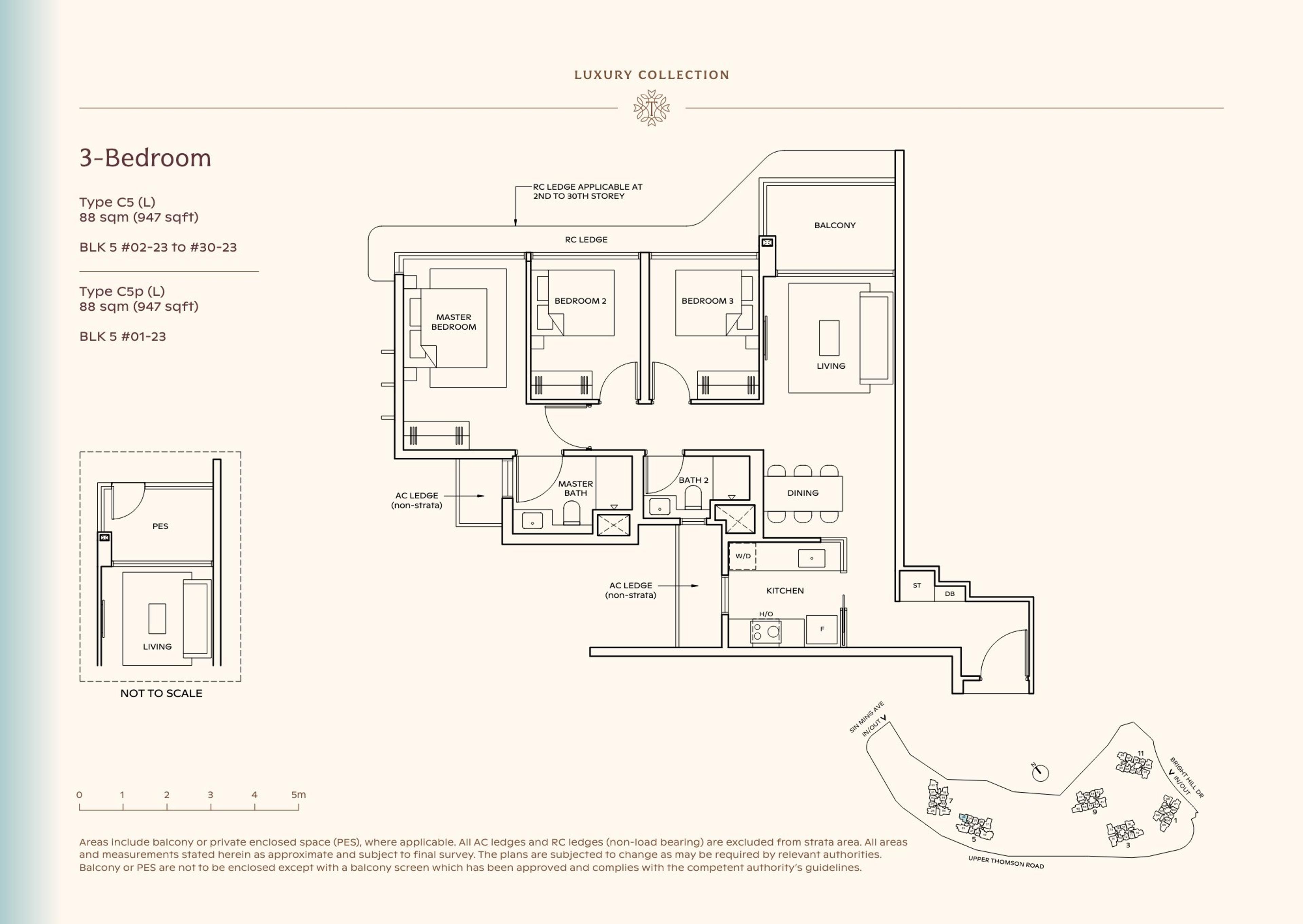 Lucerne Grand 3-Bedroom floor plan, Type C5 (L) / C5p (L) (88 sqm / 947 sq ft)