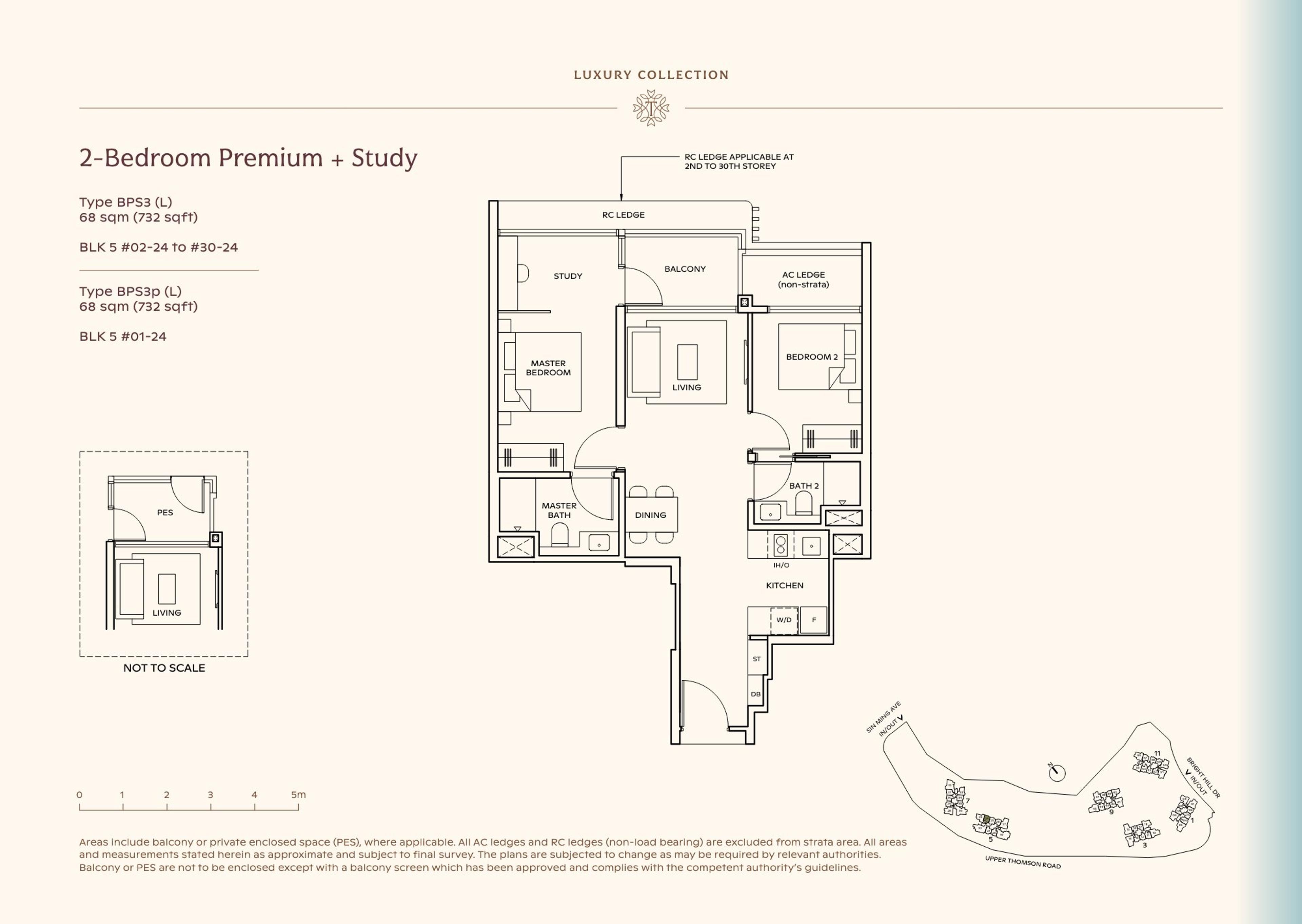Lucerne Grand 2-Bedroom Premium + Study floor plan, Type BPS3 (L) / BPS3p (L) (68 sqm / 732 sq ft)