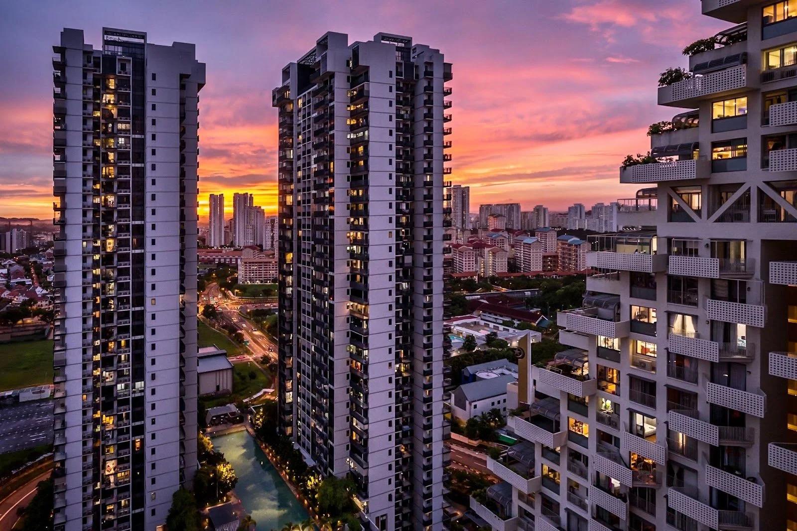 Condominium towers in Singapore at sunset