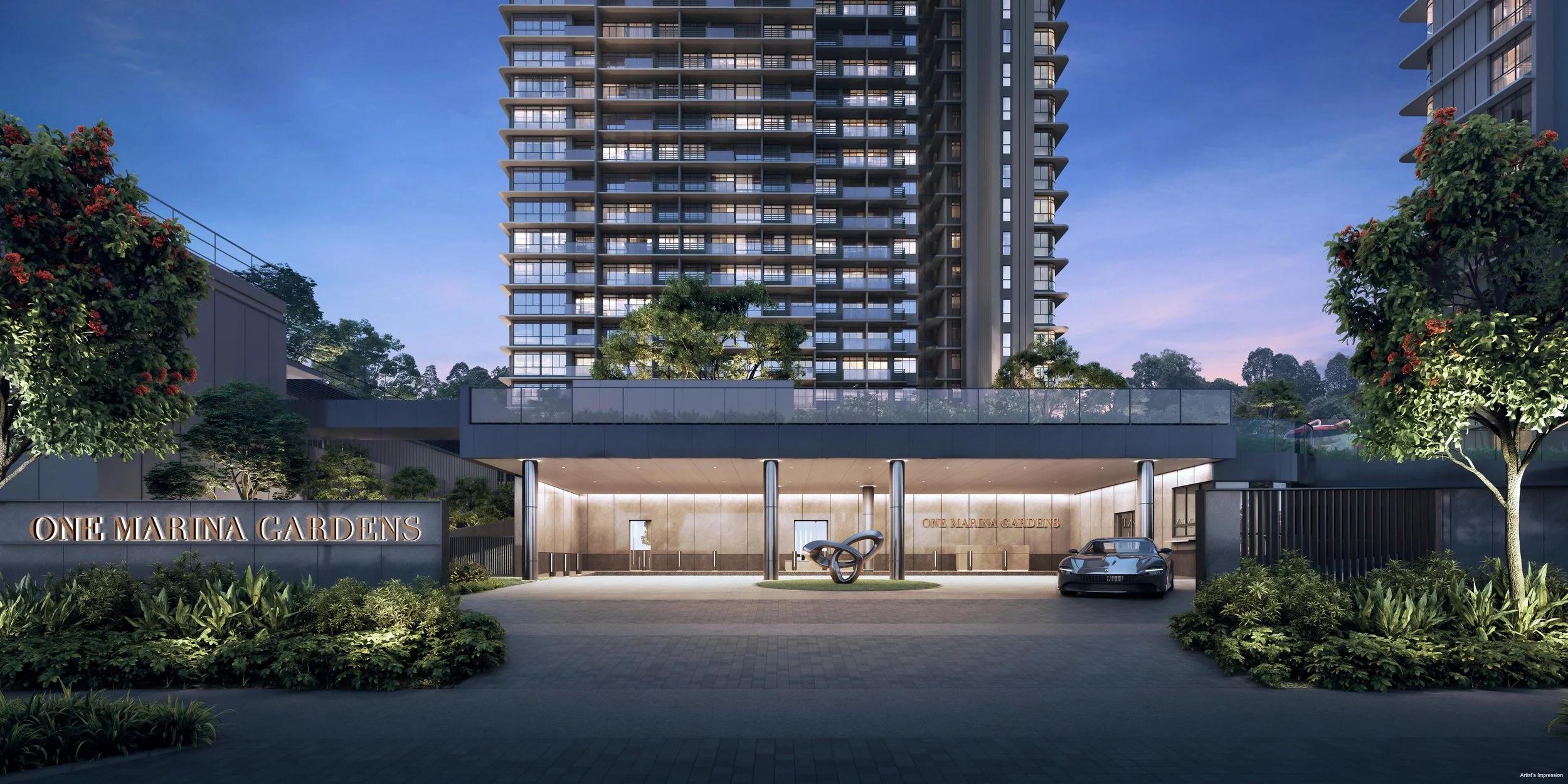 One Marina Gardens entrance and tower at dusk, artist's impression