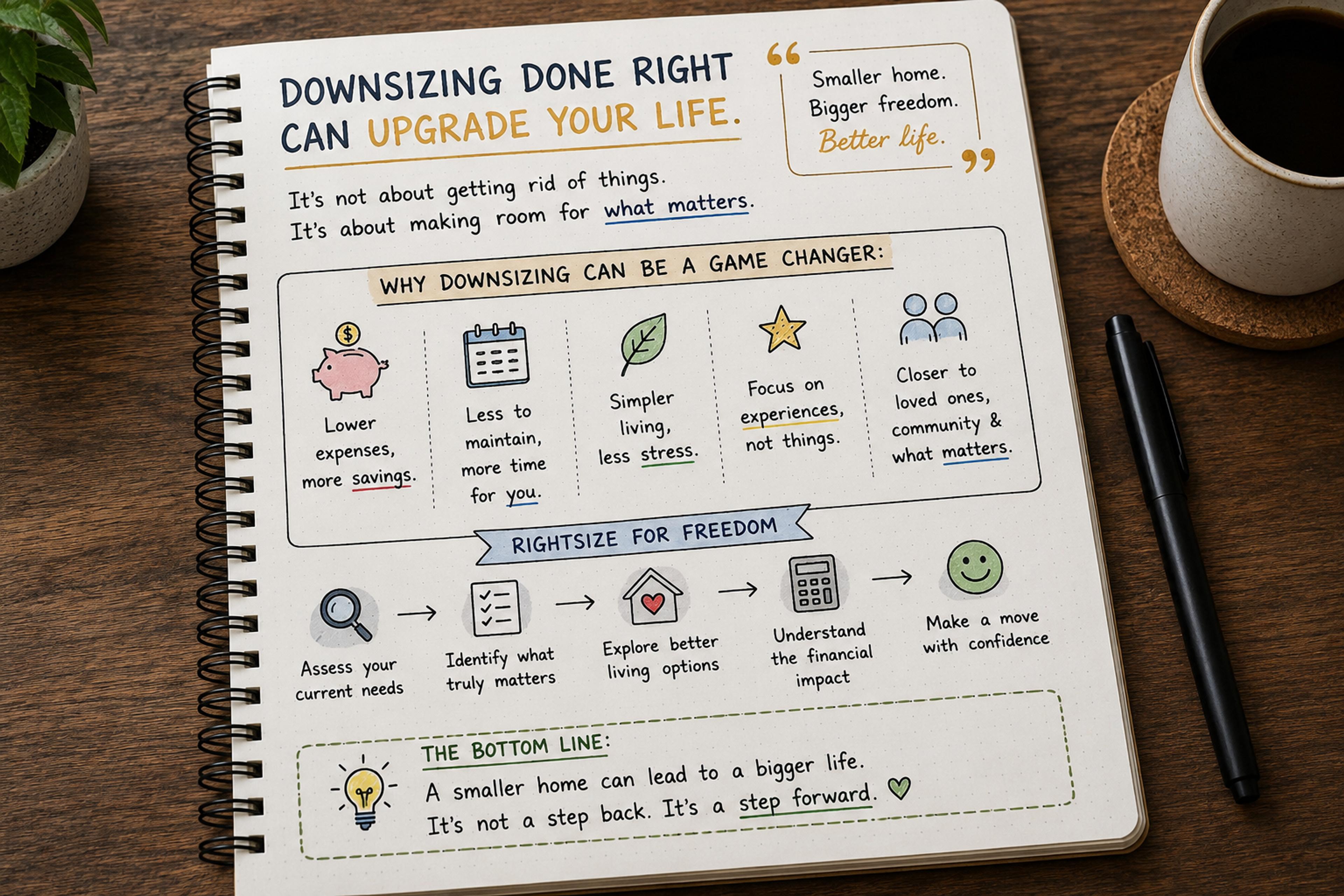 Notebook sketch on downsizing your HDB: lower expenses, more time and less stress