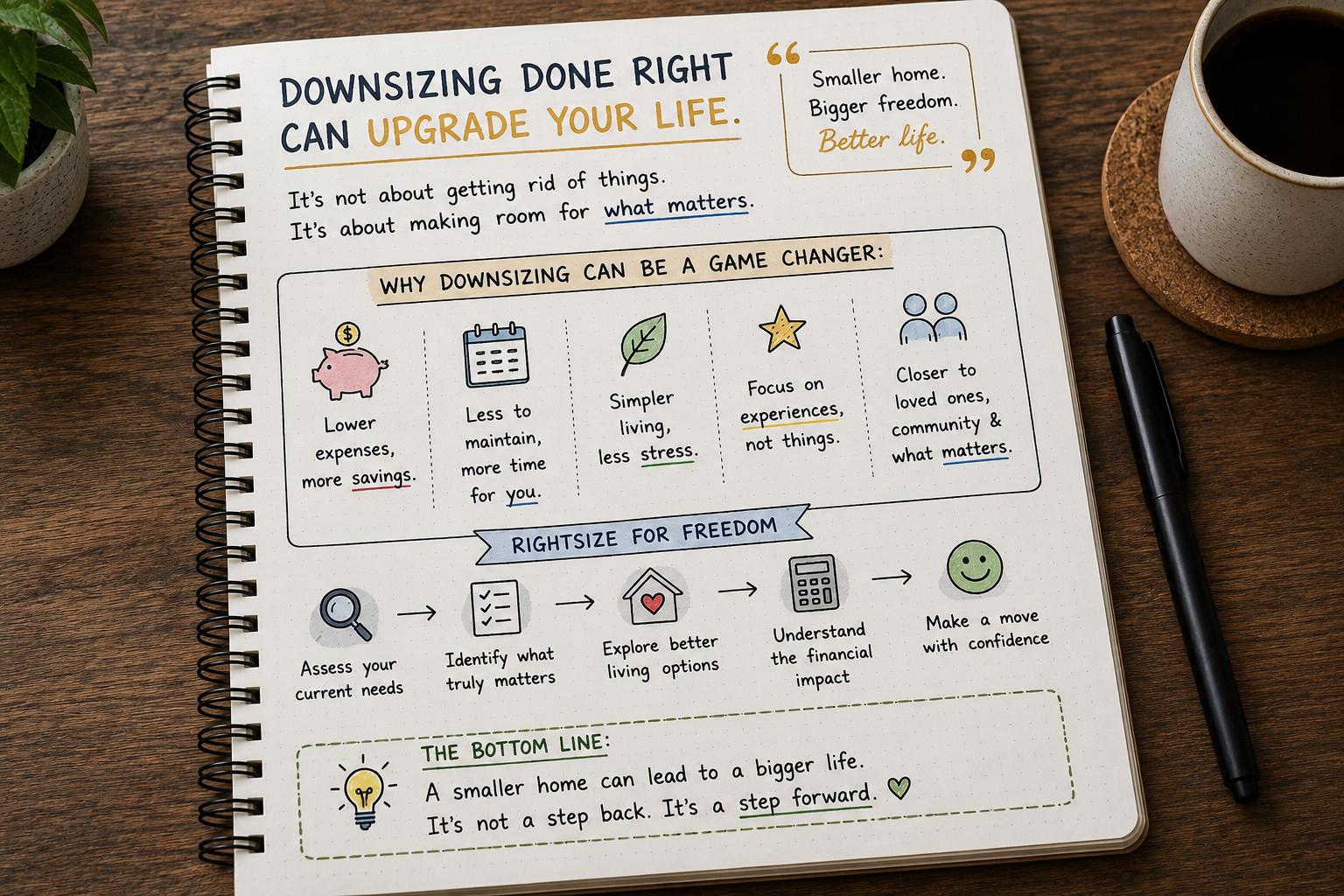 Notebook sketch on downsizing your HDB: lower expenses, more time and less stress