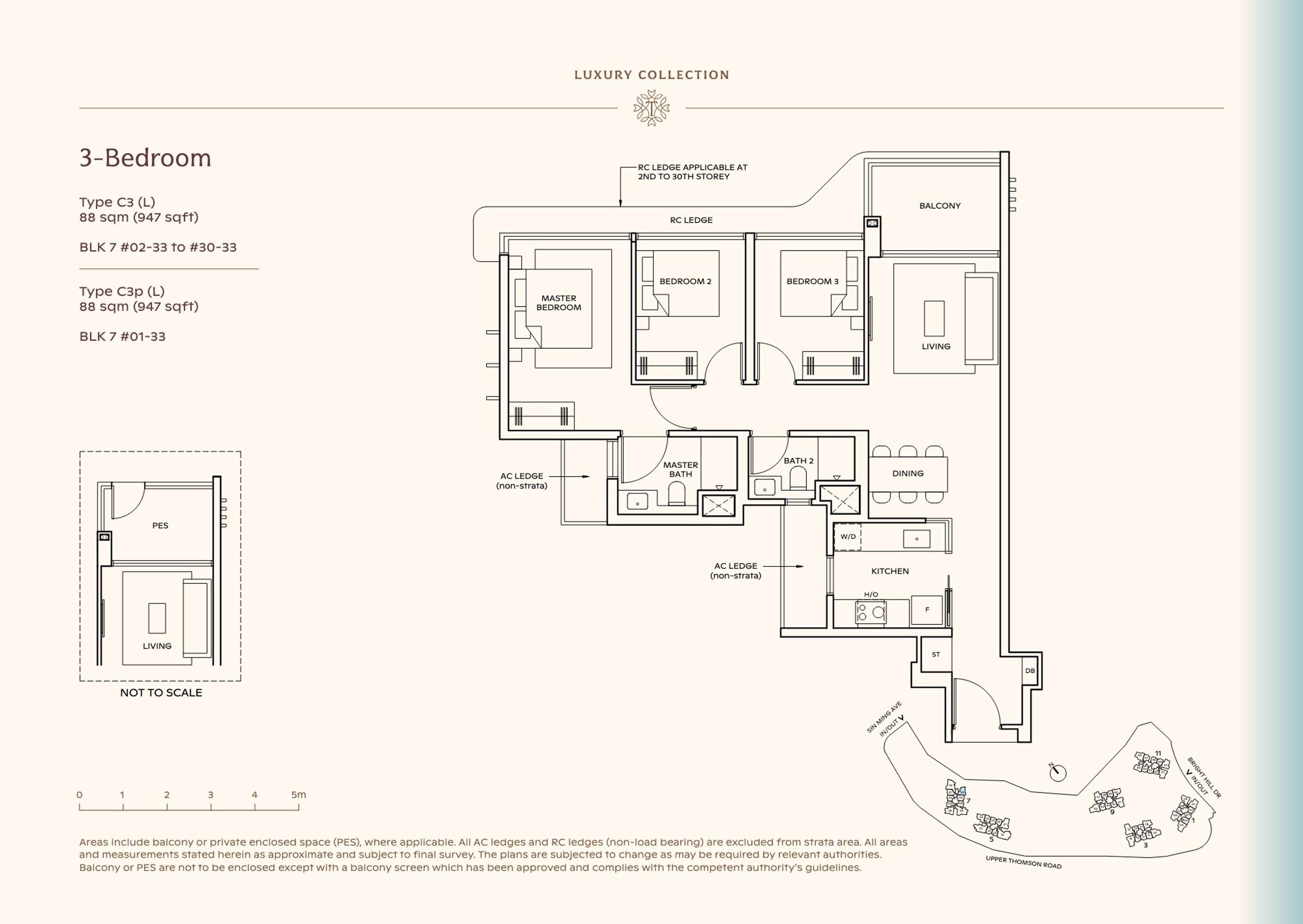 Lucerne Grand 3-Bedroom floor plan, Type C3 (L) / C3p (L) (88 sqm / 947 sq ft)