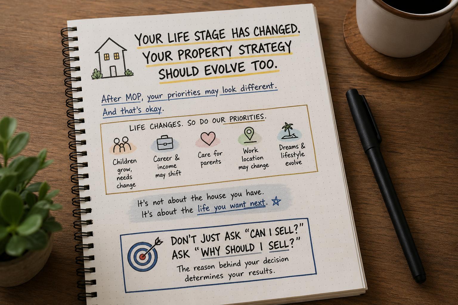 Notebook sketch: after MOP your life stage changes, so ask why you should sell your HDB, not just if you can