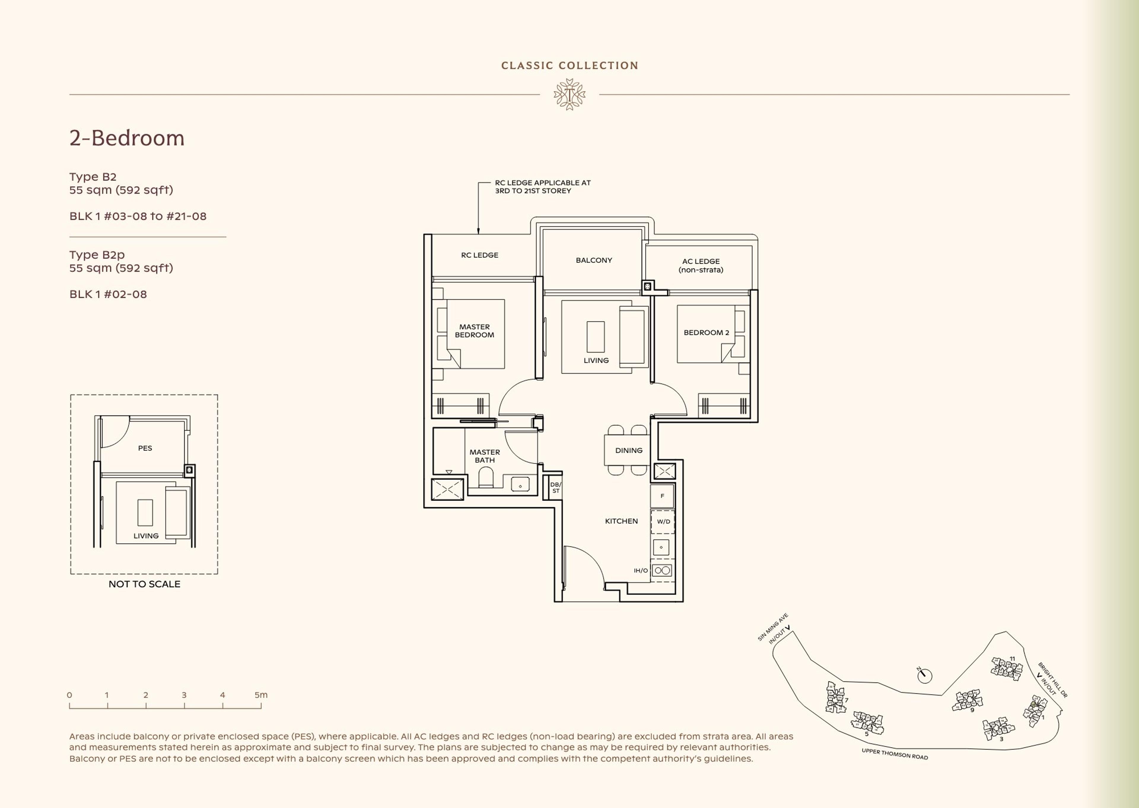 Lucerne Grand 2-Bedroom floor plan, Type B2 / B2p (55 sqm / 592 sq ft)