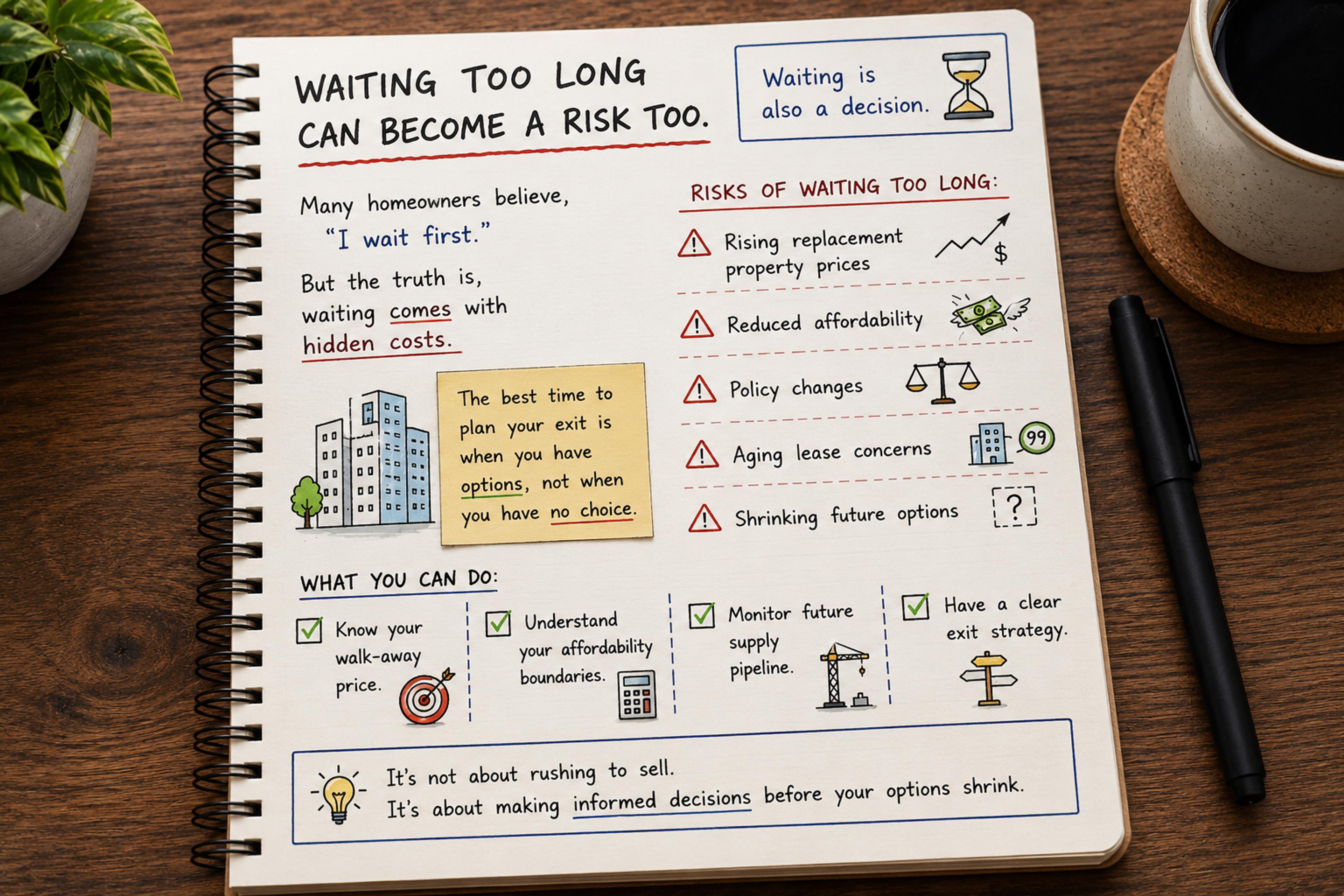 Notebook sketch on the risks of waiting too long to sell your HDB flat