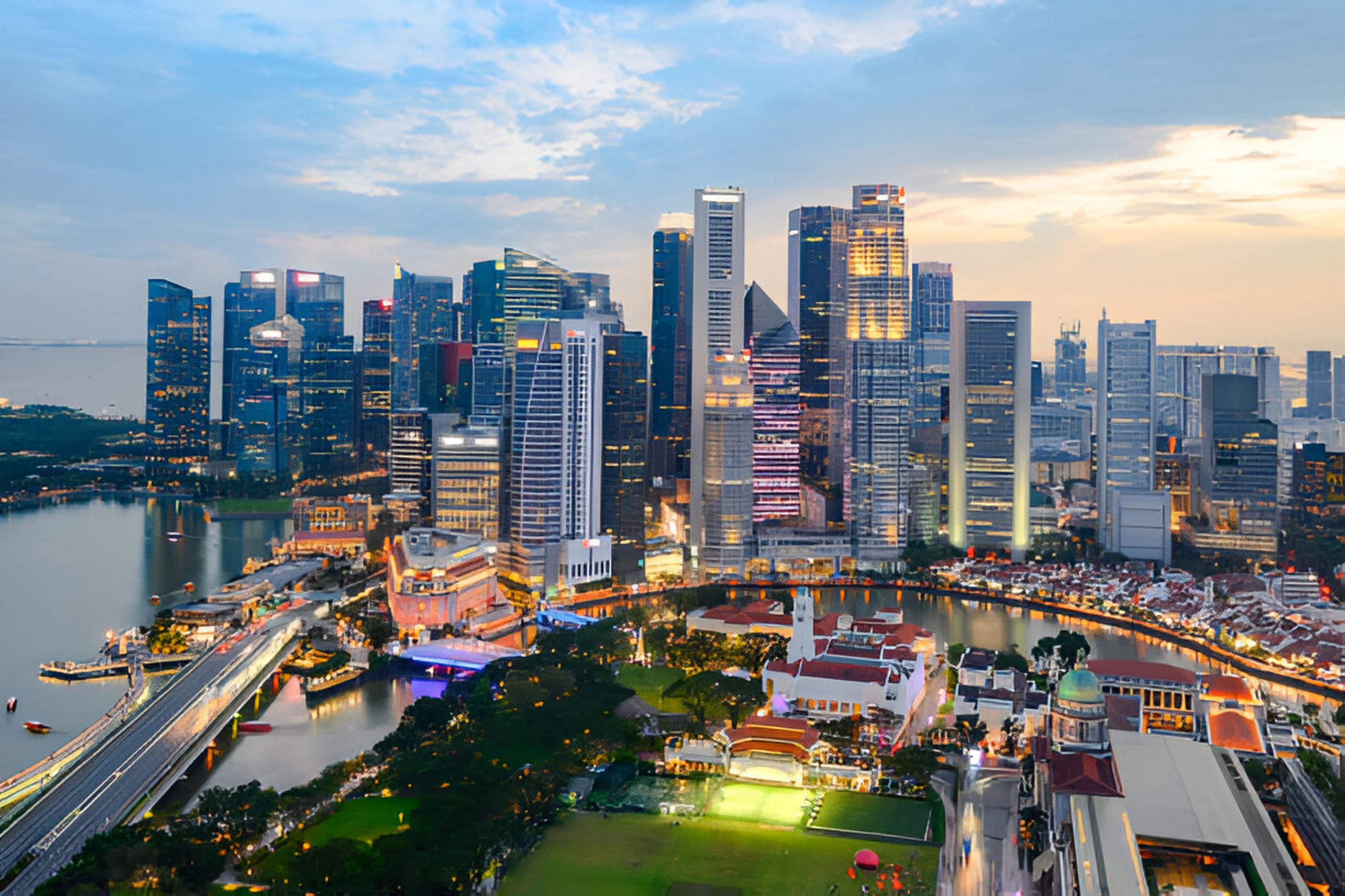 Singapore CBD skyline and Boat Quay along the Singapore River at dusk