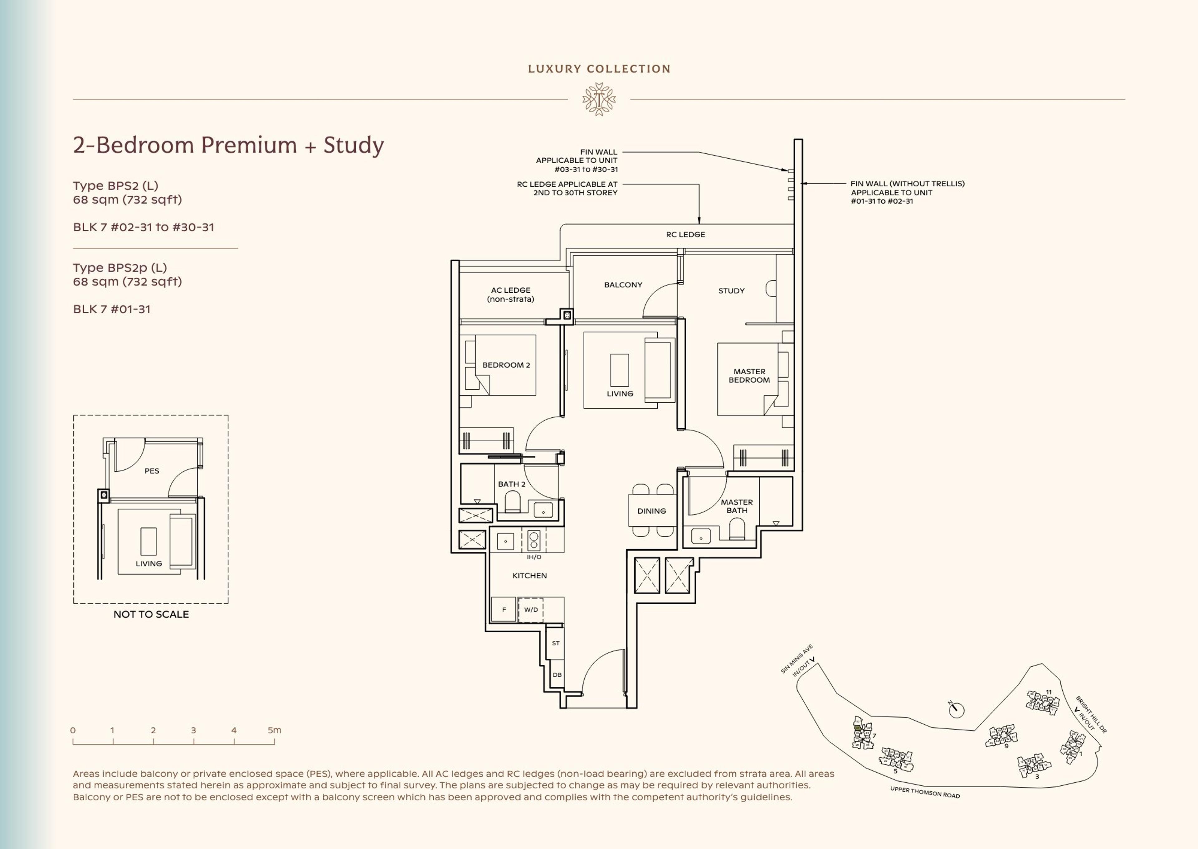 Lucerne Grand 2-Bedroom Premium + Study floor plan, Type BPS2 (L) / BPS2p (L) (68 sqm / 732 sq ft)