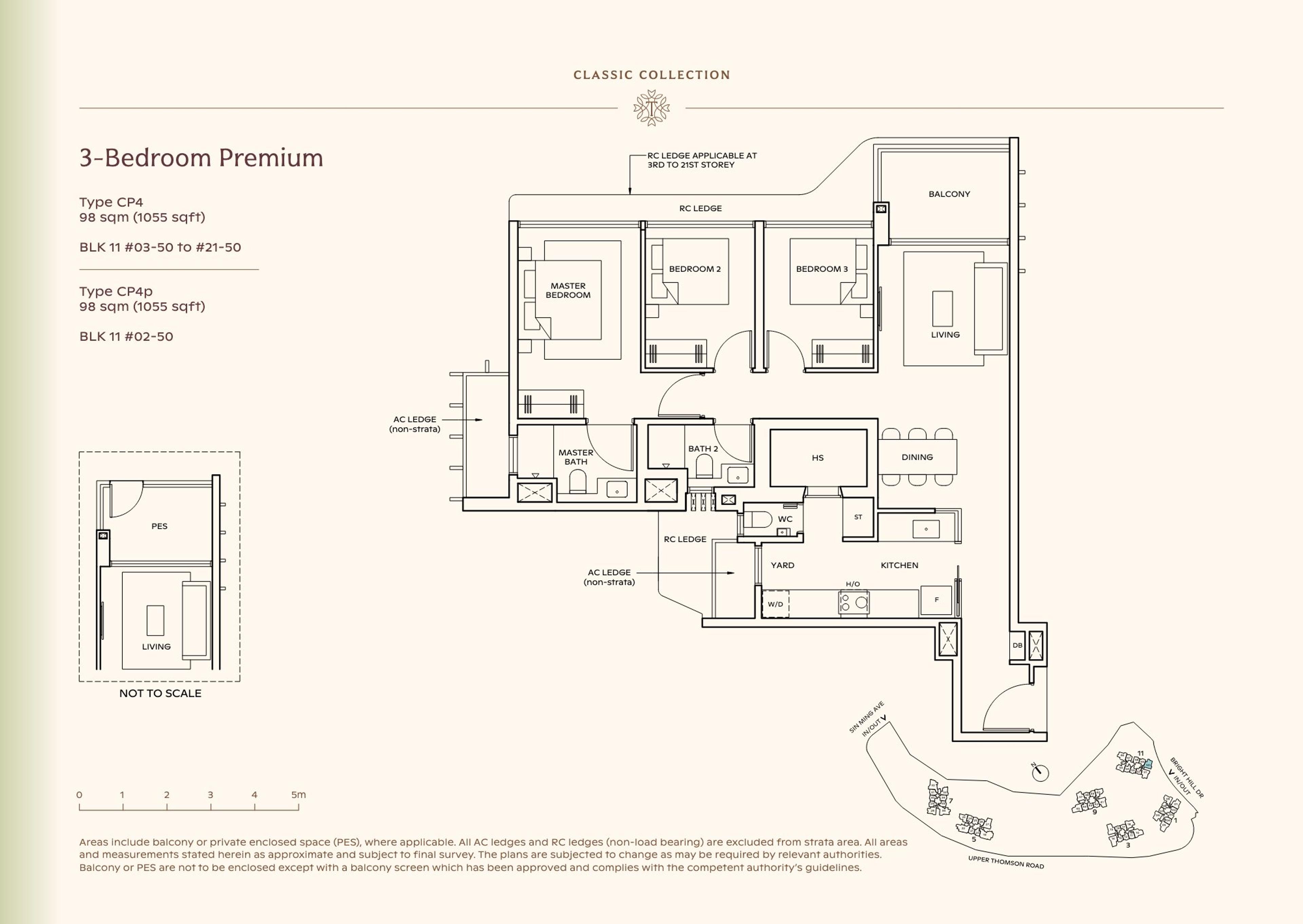 Lucerne Grand 3-Bedroom Premium floor plan, Type CP4 / CP4p (98 sqm / 1,055 sq ft)