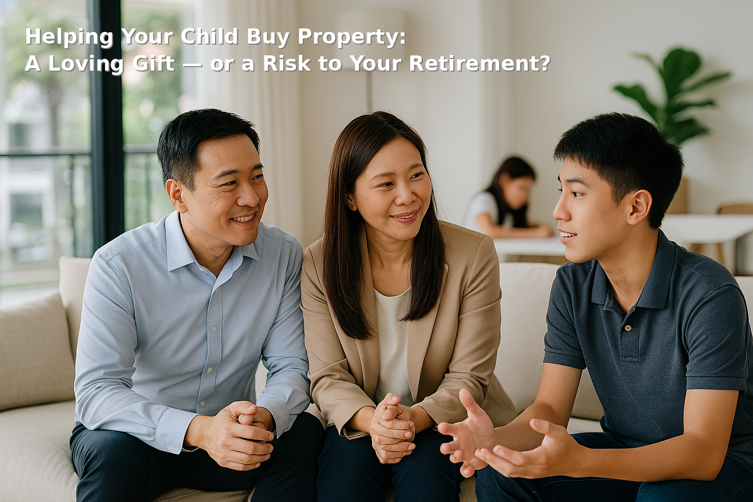 Asian parents talking with their son about helping him buy his first property