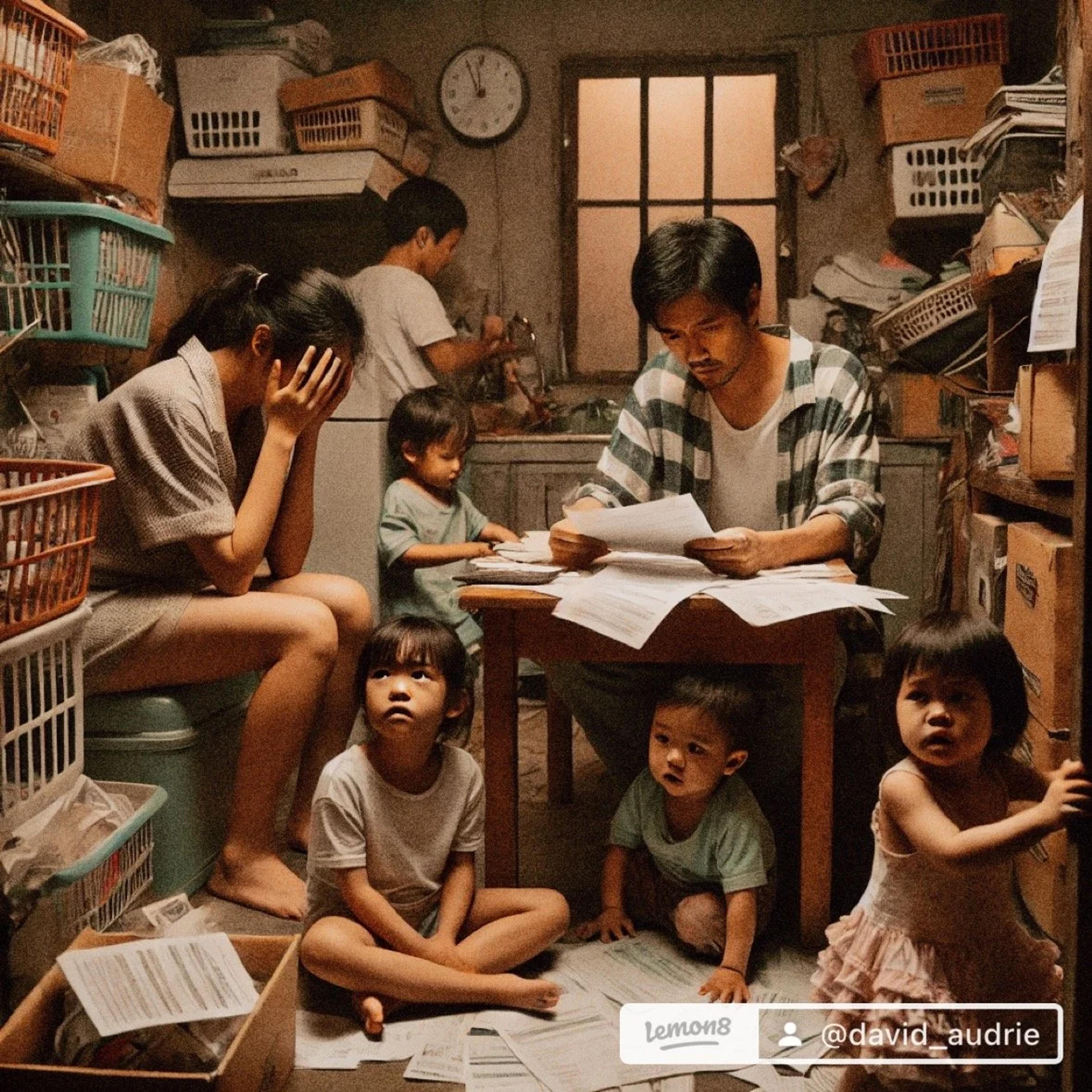 Stressed family in a cramped, cluttered home after chasing the condo dream