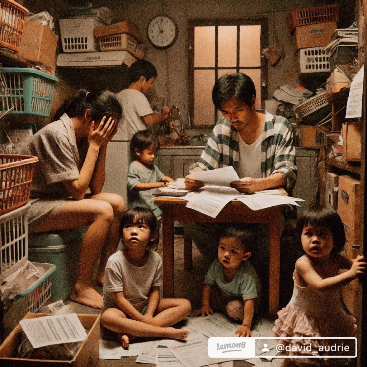 Stressed family in a cramped, cluttered home after chasing the condo dream