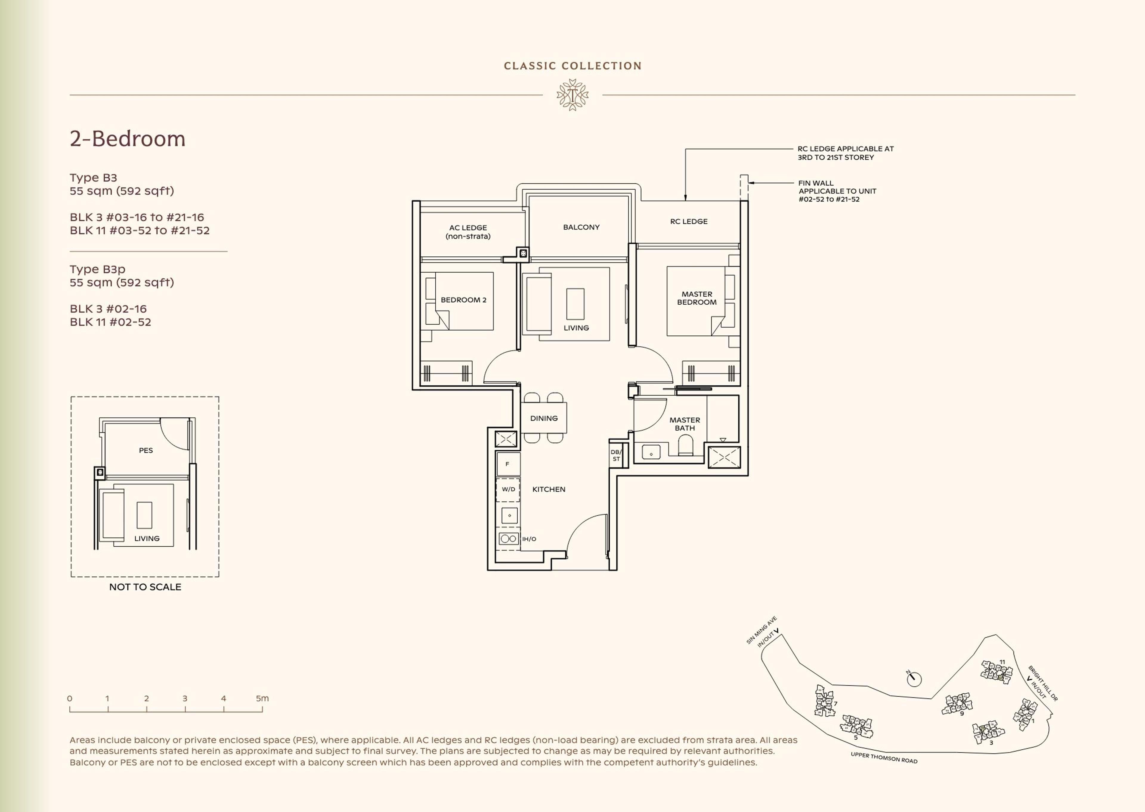 Lucerne Grand 2-Bedroom floor plan, Type B3 / B3p (55 sqm / 592 sq ft)