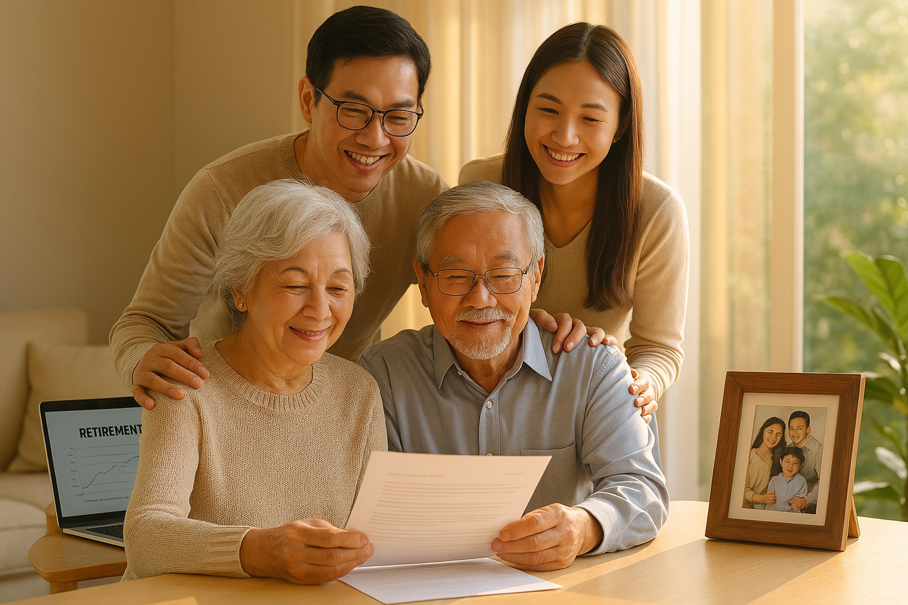 Family reviewing retirement documents together at home