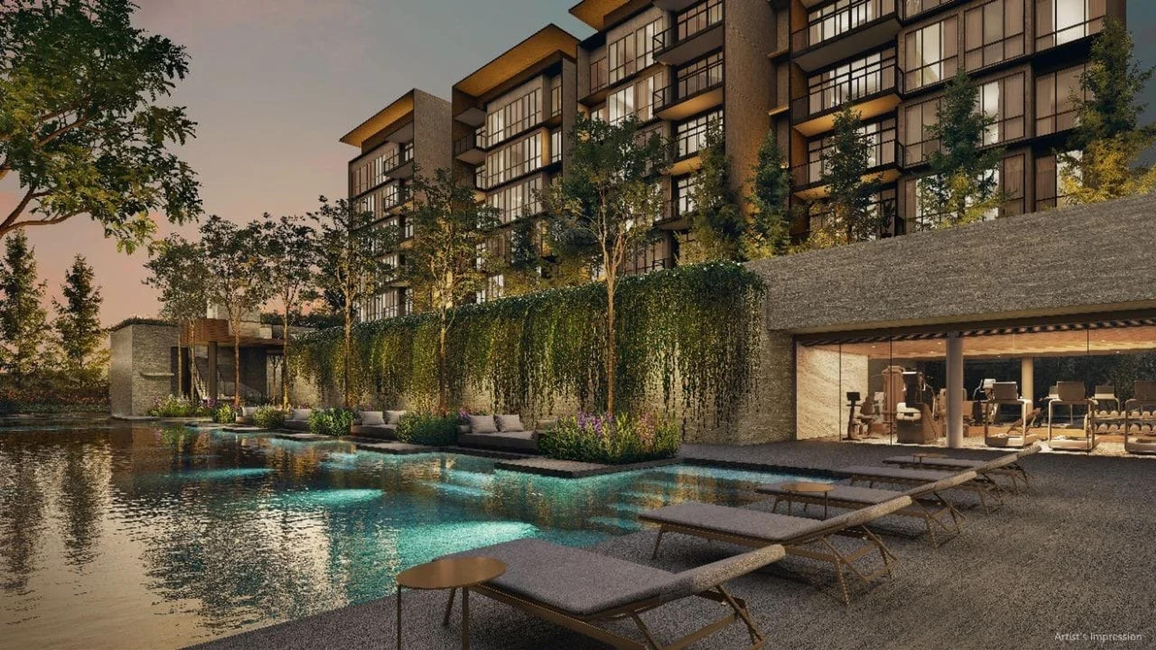 Amberwood at Holland pool deck and loungers beside greenery-covered blocks, artist's impression