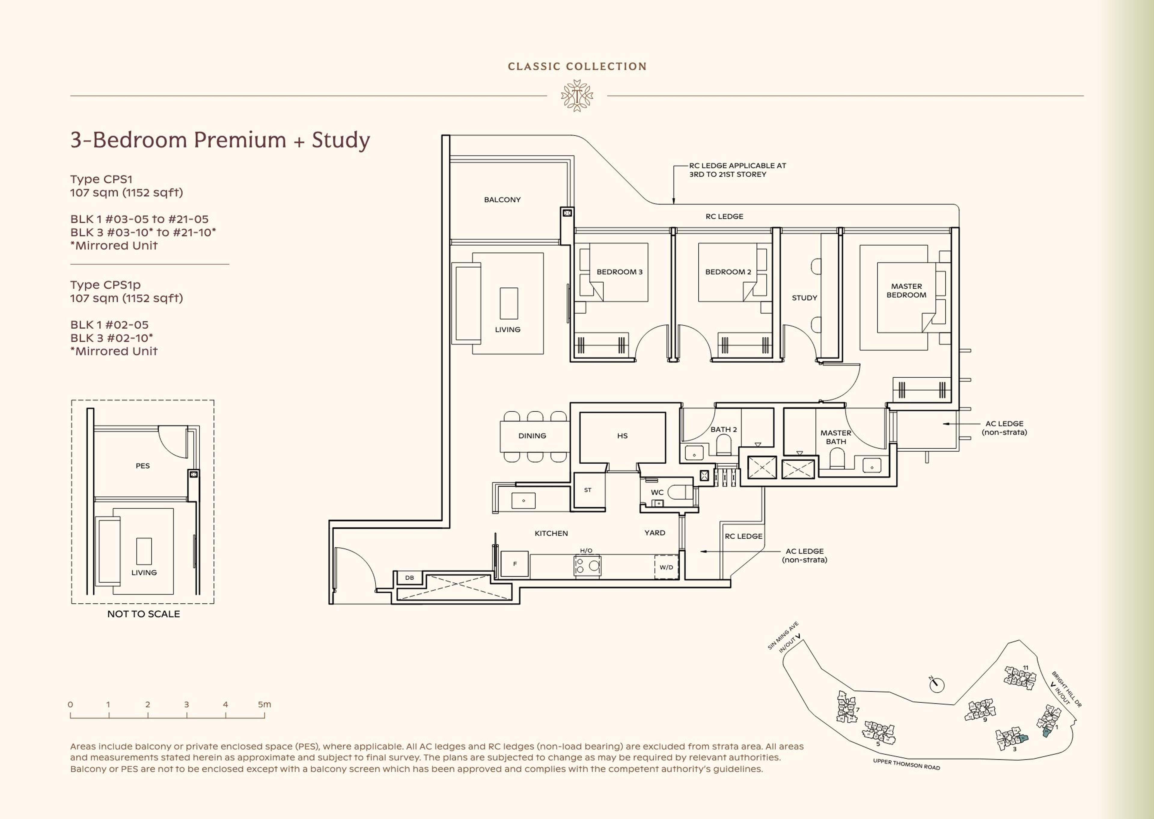 Lucerne Grand 3-Bedroom Premium + Study floor plan, Type CPS1 / CPS1p (107 sqm / 1,152 sq ft)