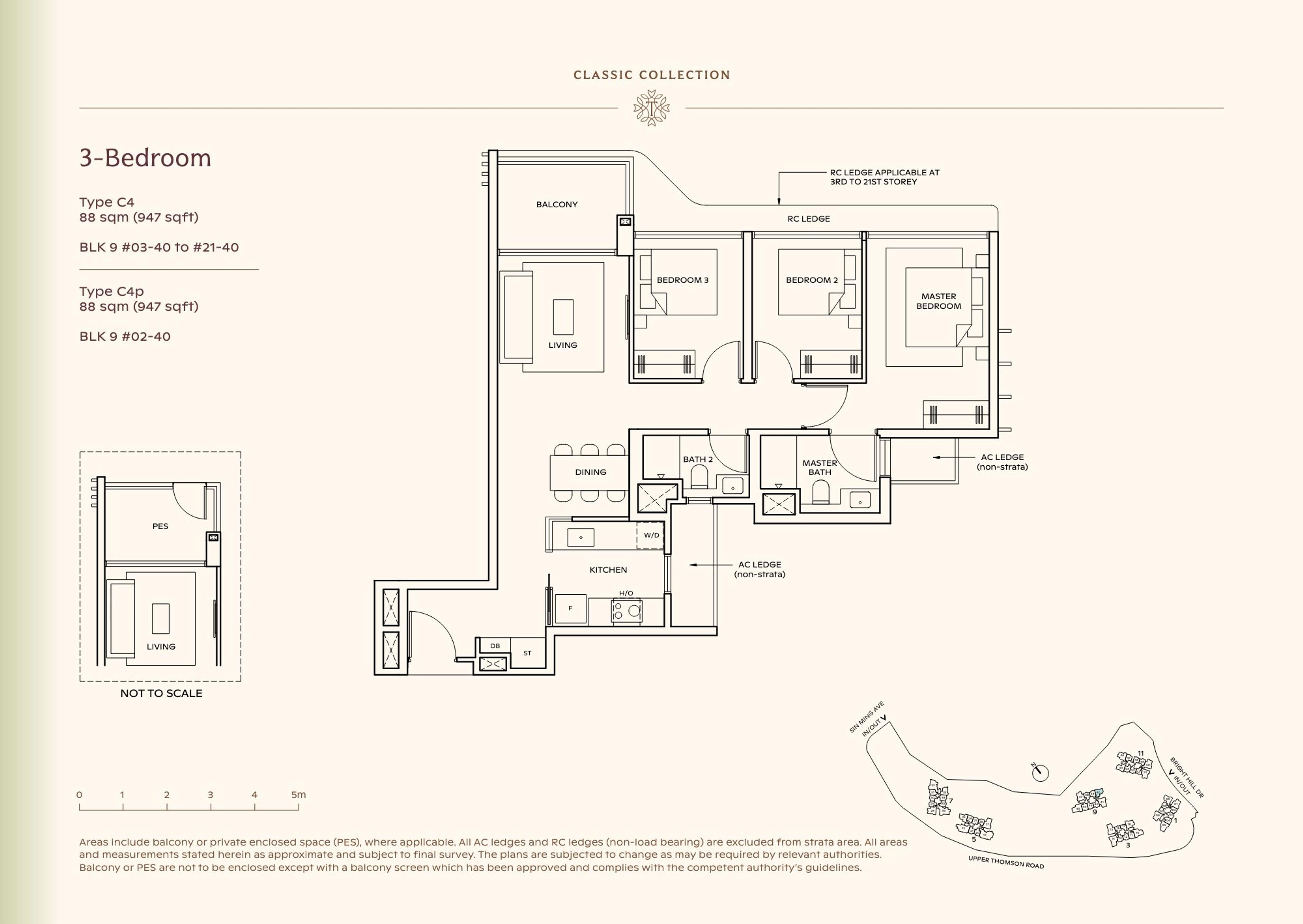Lucerne Grand 3-Bedroom floor plan, Type C4 / C4p (88 sqm / 947 sq ft)